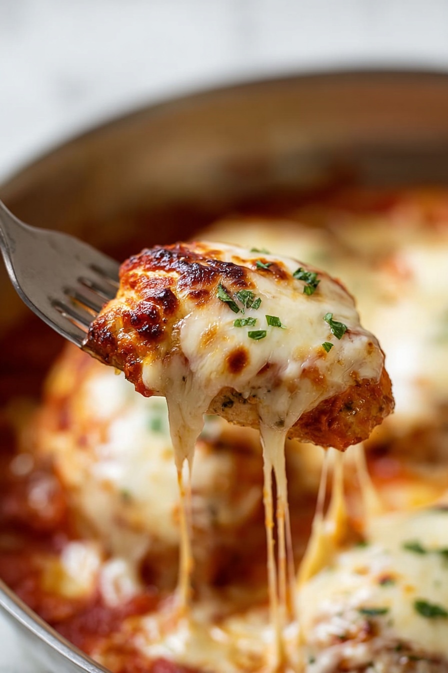 A close-up view of a piece of food with two layers being lifted by a silver fork. The top layer is bubbly, melted cheese with golden brown spots and small green herb pieces sprinkled over it. Below the cheese, there is a rich red tomato sauce visible around the edges. In the background, there are more pieces like this in a cooking pan, all sitting on a white marbled texture. The image shows a warm, freshly cooked dish with a smooth and slightly crispy cheese topping, with the tomato sauce layer underneath photo taken with an iphone --ar 2:3 --v 7