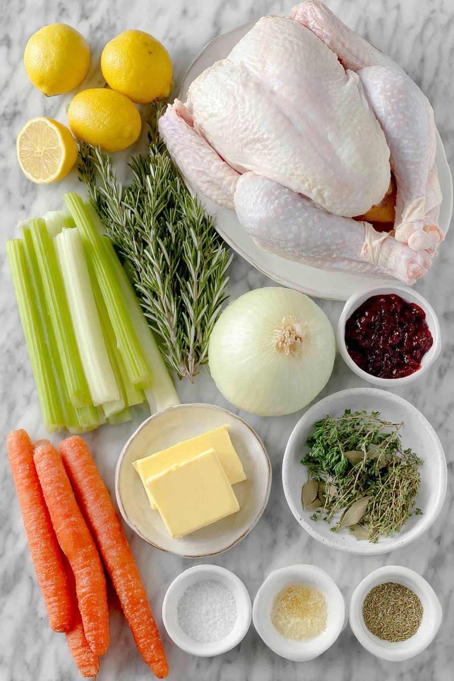 Flat lay of a whole fresh raw turkey with clean skin, two large yellow onions roughly chopped, six bright orange whole carrots roughly chopped, six fresh green celery stalks roughly chopped, one large lemon quartered showing juicy flesh, a heaping bundle of fresh rosemary, thyme, and sage sprigs, a small white ceramic bowl filled with softened pale yellow unsalted butter, a small white ceramic bowl containing coarse dark brown packed dark brown sugar, a small white ceramic bowl holding vibrant red Creole Cajun seasoning powder, a small white ceramic bowl with finely chopped fresh rosemary sprigs, a small white ceramic bowl of dried light brown ground sage powder, a small white ceramic bowl of dried thyme leaves, a small white ceramic bowl of ground allspice in warm brown tones, a small white ceramic bowl with fresh ground black pepper, a small white ceramic bowl with kosher salt crystals, a small white ceramic bowl holding neutral oil with a clear pale tint, all ingredients neatly arranged in perfect symmetry on a clean white marble surface, soft natural light, photo taken with an iPhone, professional food photography style, fresh ingredients, white ceramic bowls, no bottles, no duplicates, no utensils, no packaging --ar 2:3 --v 7 --p m7354615311229779997