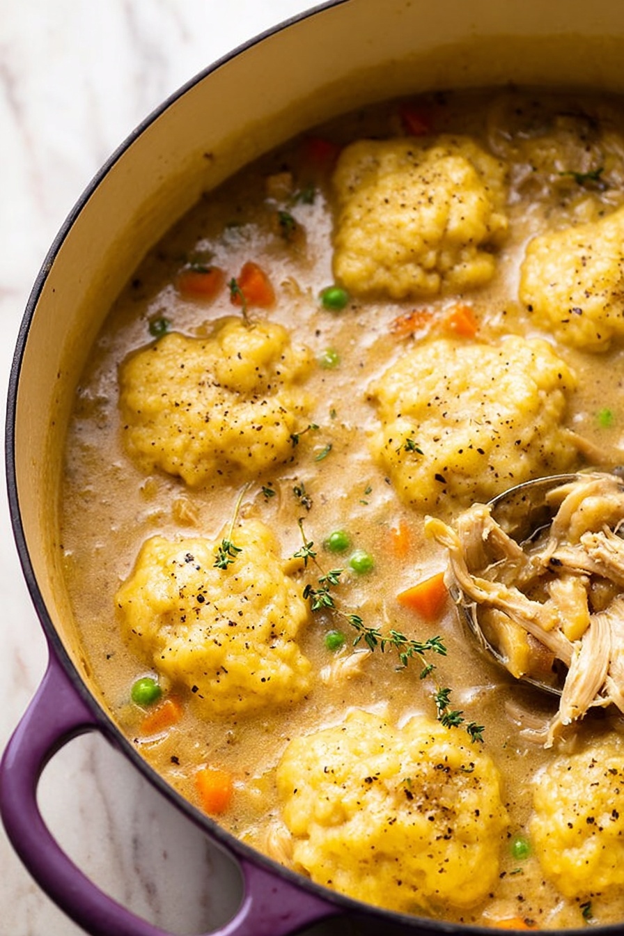 The image shows a pot filled with a warm stew containing several golden-yellow dumplings floating on the surface. The stew has a thick, slightly oily brownish broth with visible pieces of shredded light brown meat, small bright orange carrot slices, green peas, and sprigs of green herbs scattered throughout. The dumplings are soft, fluffy, and unevenly shaped with a rough texture, while tiny black pepper flakes are sprinkled on top. The pot has a white interior with a purple outer rim and handles. The photo is taken on a white marbled surface. photo taken with an iphone --ar 2:3 --v 7