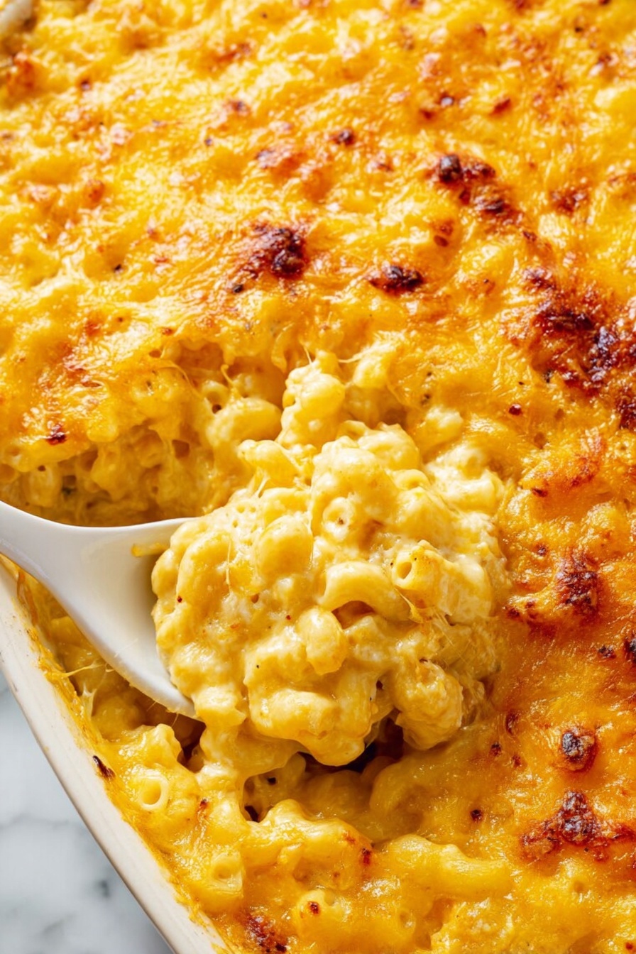 The image shows a baking dish filled with creamy macaroni and cheese. The top layer is a thick, golden-yellow melted cheese crust with some browned spots near the edges. Below this crispy cheese layer, there are two layers of soft, pale yellow mac and cheese pasta with a smooth and creamy texture. A woman's hand is lifting a portion with a metal serving spoon, revealing stretchy melted cheese strings between the dish and spoon. The baking dish is white, sitting on a white marbled surface. photo taken with an iphone --ar 2:3 --v 7