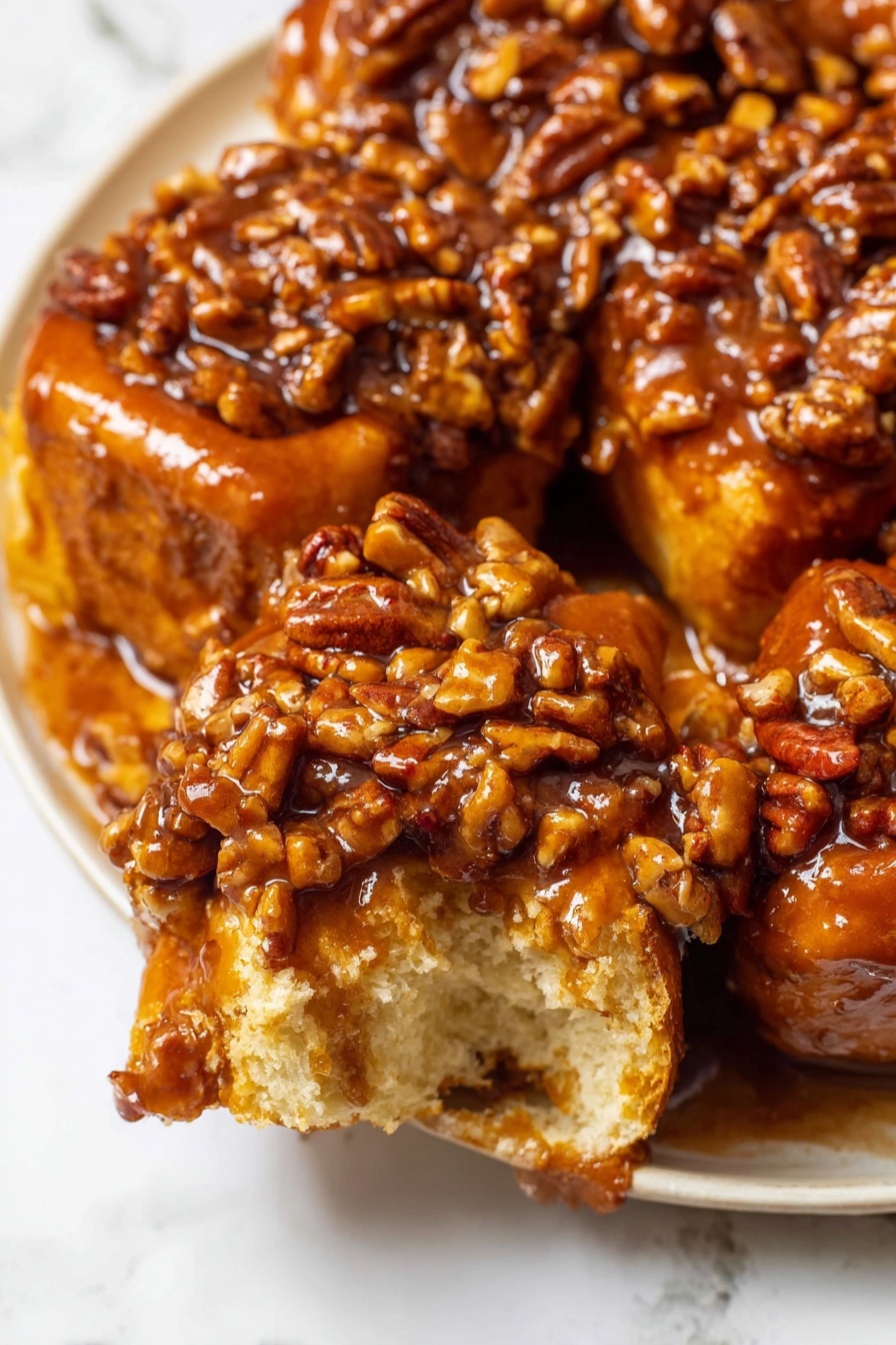 The image shows a white plate holding several round sticky buns covered in a thick, glossy caramel sauce. Each bun has a topping layer full of chopped pecans that are rich brown, creating a rough and crunchy texture on top. The buns underneath are golden yellow and soft-looking, partly soaked by the caramel sauce that drips slightly onto the plate. The plate sits on a white marbled surface, with some extra pecan pieces and sauce spots around its edge. The photo is focused closely on the sticky buns, highlighting the shiny caramel and nutty textures, with a blurred background. photo taken with an iphone --ar 2:3 --v 7