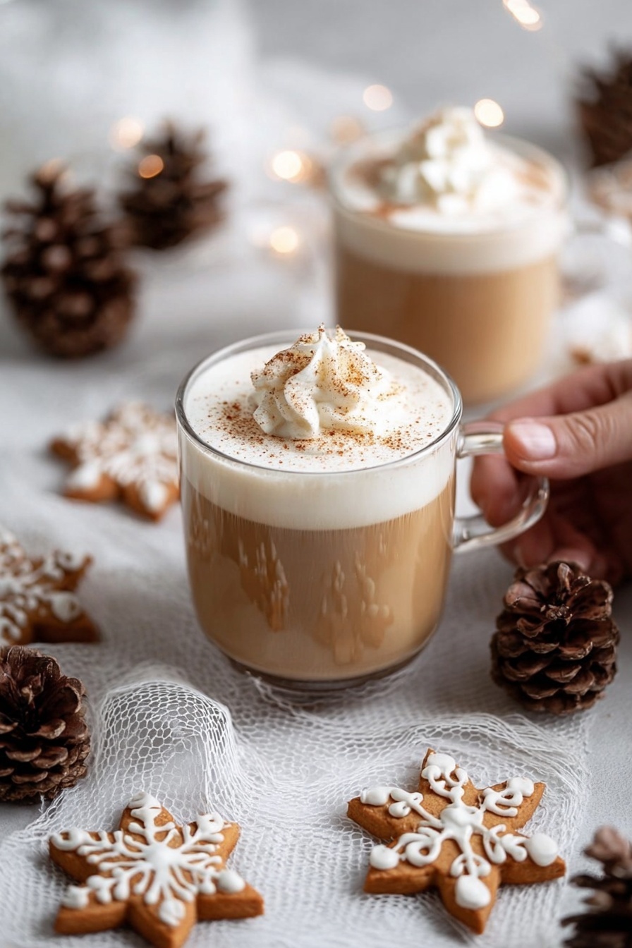 Two clear glass mugs filled with light brown hot chocolate are topped with thick white whipped cream sprinkled with a reddish-brown powder, likely cinnamon, on top. The mugs are placed on a white marbled surface surrounded by brown pinecones, star anise, and light brown star-shaped gingerbread cookies. The background has a soft, cozy winter feel with out-of-focus warm lights and white knitted fabric adding a textured layer to the scene. photo taken with an iphone --ar 2:3 --v 7