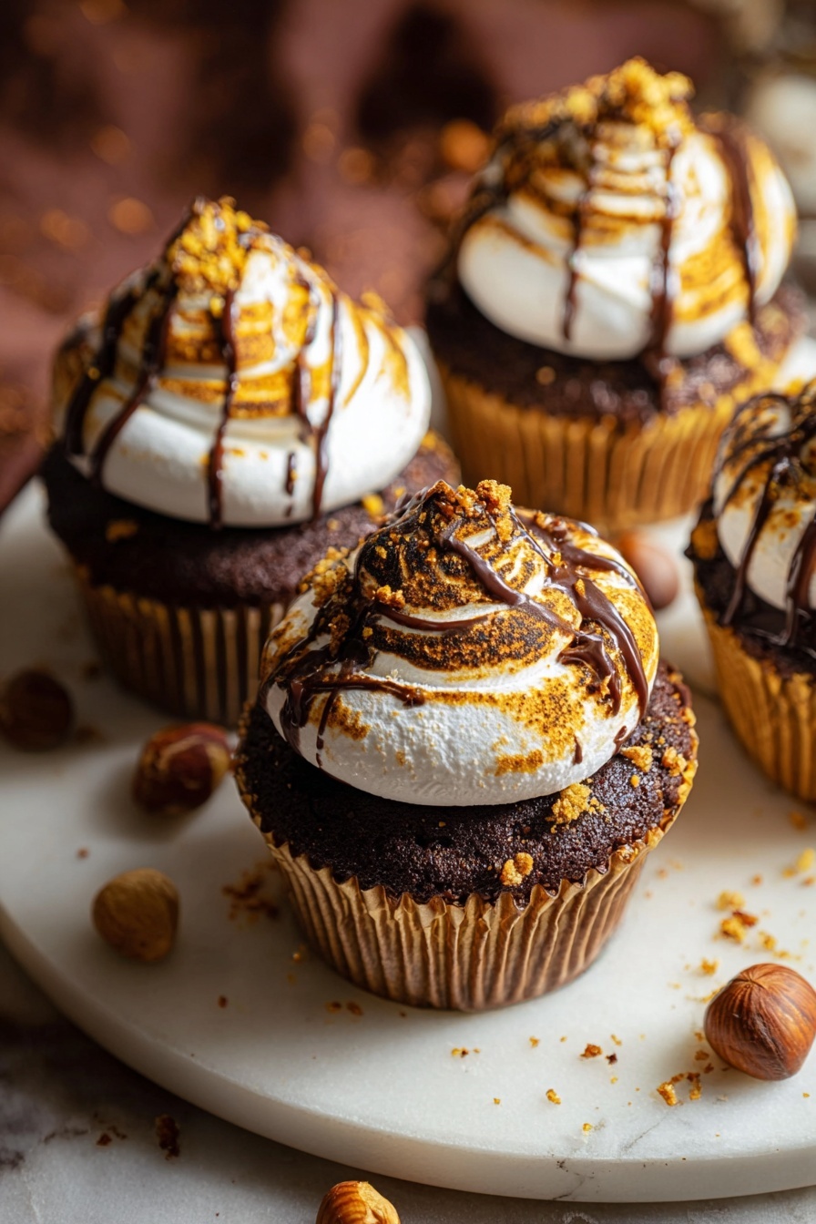 The image shows a close-up of a cupcake with three clear layers. The bottom layer is crumbly and golden yellow, resembling a graham cracker crust. The middle layer is dark brown, soft, and moist like chocolate cake. The top layer is a swirl of smooth, glossy milk chocolate filling that is partially melting into the cake. On top, there is a toasted white marshmallow cream with golden brown spots, slightly melted and soft in texture. The cupcake is partially broken open, revealing these layers clearly. It sits on a background with a warm brown tone and scattered crumbs around it. Photo taken with an iphone --ar 2:3 --v 7