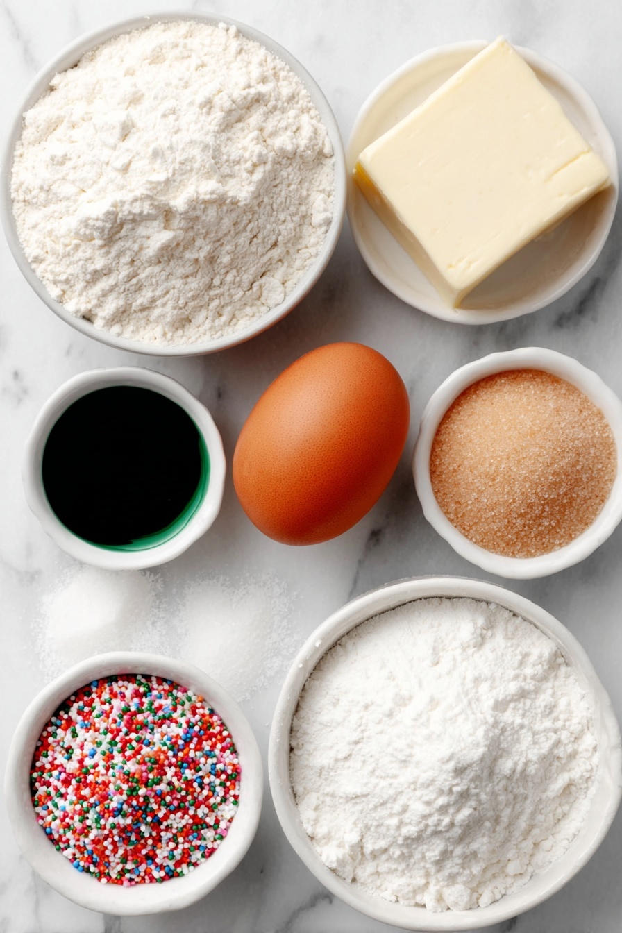 Flat lay of three small piles of fresh all purpose flour, a small mound of light brown sugar, a small mound of granulated white sugar, a whole large brown egg with clean shell, a square of unsalted butter softened to room temperature, two small white ceramic bowls each containing bright red and vibrant green liquid food coloring, a small white ceramic bowl filled with multicolored holiday sprinkles, and a small white ceramic bowl holding pure vanilla extract, all arranged in perfect symmetry on a clean white marble surface, soft natural light, photo taken with an iPhone, professional food photography style, fresh ingredients, white ceramic bowls, no bottles, no duplicates, no utensils, no packaging --ar 2:3 --v 7 --p m7354615311229779997
