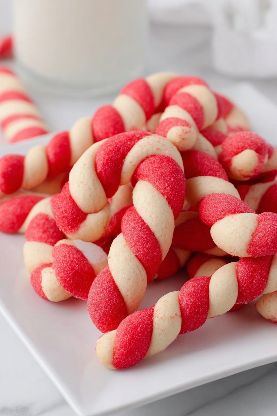 A white square plate filled with many twisted candy cane shaped cookies. Each cookie has two thick spiraled layers, one bright red and one light cream, wrapping around each other in a tight twist. The cookies have a soft, slightly smooth texture. The plate sits on a white marbled surface, and a glass of milk is blurred in the background. photo taken with an iphone --ar 2:3 --v 7