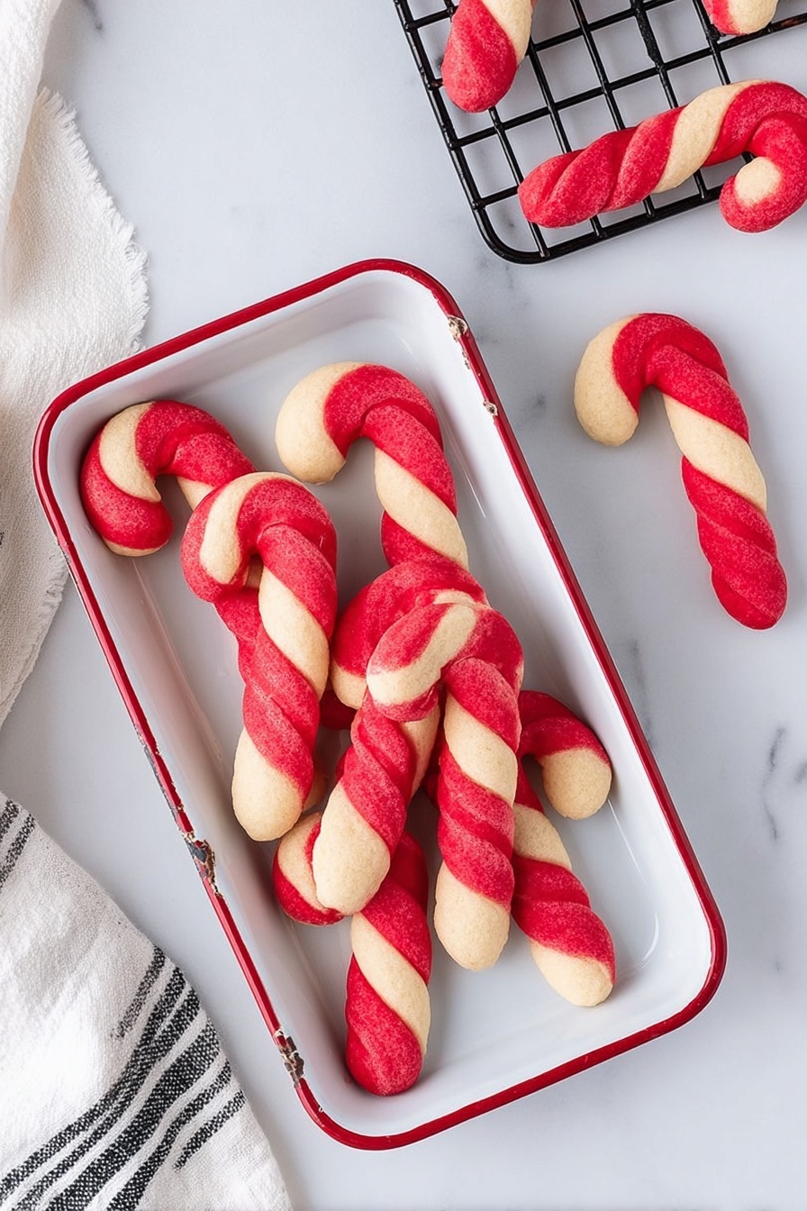The image shows several candy cane shaped cookies with two twisted colors: bright red and creamy white. Inside a rectangular white dish with a red rim and some worn edges, there are about six of these cookies, arranged loosely. Around the dish on a white marbled surface, there are three more cookies placed casually, and a black wire cooling rack is partially seen in the top left corner holding a few more cookies. A folded white towel with black stripes is in the bottom left corner. The cookies have a smooth, slightly textured surface with a gentle shine. photo taken with an iphone --ar 2:3 --v 7