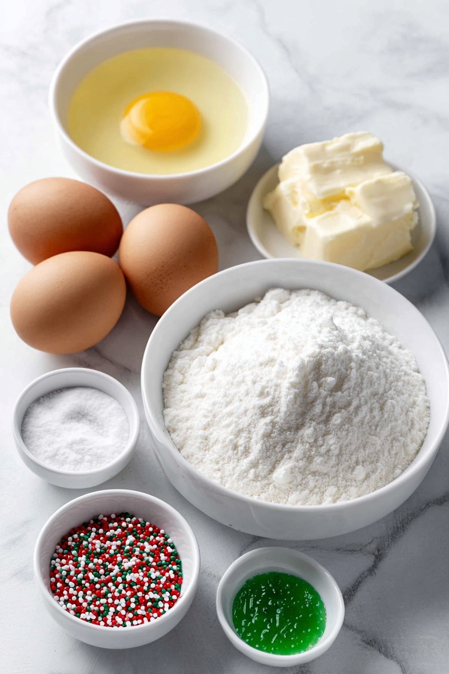 Flat lay of three whole large eggs with clean shells, a small white ceramic bowl of fresh lemon juice, another small white ceramic bowl filled with fine powdered sugar, two separate small white ceramic bowls each containing vibrant red and green gel-like food coloring, and a scattering of colorful Christmas sprinkles arranged beside the bowls, all placed on a clean white marble surface, soft natural light, photo taken with an iPhone, professional food photography style, fresh ingredients, white ceramic bowls, no bottles, no duplicates, no utensils, no packaging --ar 2:3 --v 7 --p m7354615311229779997
