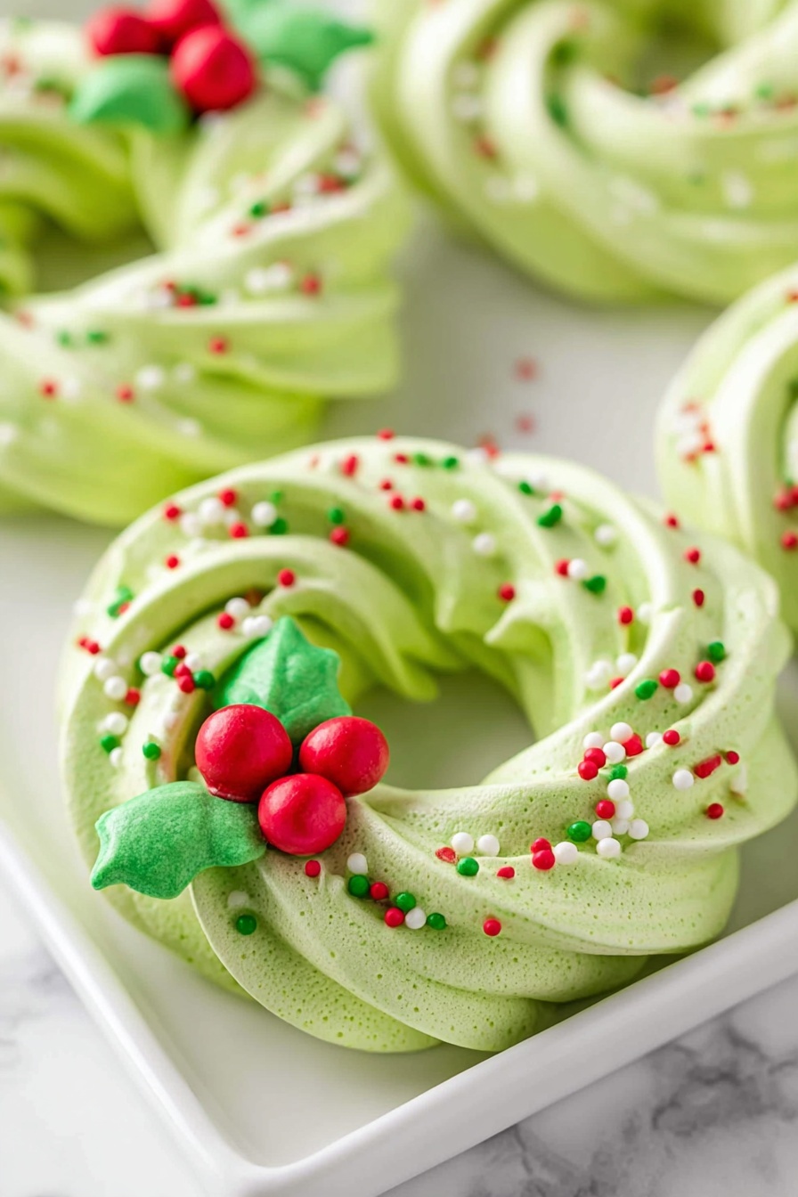 The image shows a close-up of green meringue cookies shaped like small wreaths with smooth, swirled layers forming a ring. Each wreath has a light texture with a matte finish and is decorated with tiny round red, white, and green sprinkles scattered evenly on the surface. There are three small red meringue berries and two green leaf shapes grouped together on one side of the wreath as a decoration. The cookies are placed on a white rectangular plate, set on a white marbled background. photo taken with an iphone --ar 2:3 --v 7