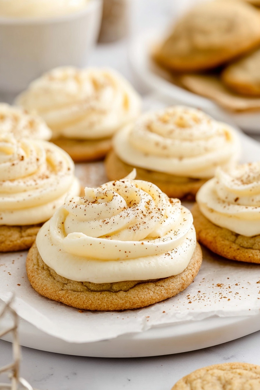 The image shows several round, light brown cookies on a white plate with parchment paper. Each cookie is topped with one thick, swirled layer of creamy white frosting with a smooth and fluffy texture. Light sprinkles of cinnamon or spice powder are scattered over the frosting, adding small dark brown specks. The plate is set on a white marbled surface, with a blurred bowl and more cookies in the background. photo taken with an iphone --ar 2:3 --v 7