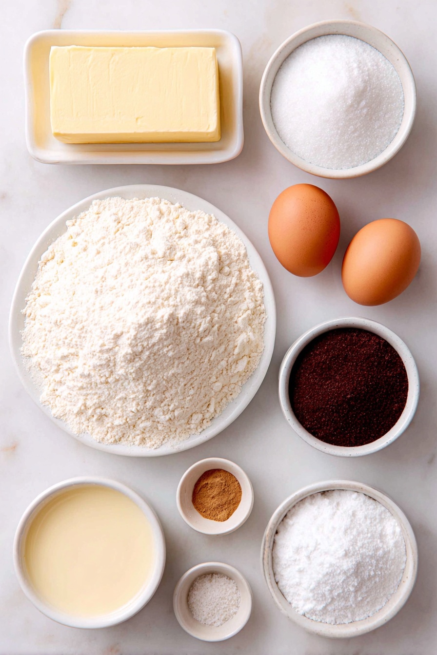 Flat lay of a small mound of all-purpose flour on a simple white ceramic plate, a small white bowl filled with fine white powdered sugar, a small white bowl holding creamy off-white eggnog, two uncracked extra-large brown eggs, a neat pile of dark brown packed sugar, a neat pile of granulated white sugar, a rectangular slab of salted sweet cream butter, a small white bowl with warm golden ground nutmeg powder, a small white bowl with light brown ground cinnamon, a small white bowl with white baking powder, and a small white bowl with coarse white salt, all arranged symmetrically with perfect proportions, placed on a clean white marble surface, soft natural light, photo taken with an iPhone, professional food photography style, fresh ingredients, white ceramic bowls, no bottles, no duplicates, no utensils, no packaging --ar 2:3 --v 7 --p m7354615311229779997