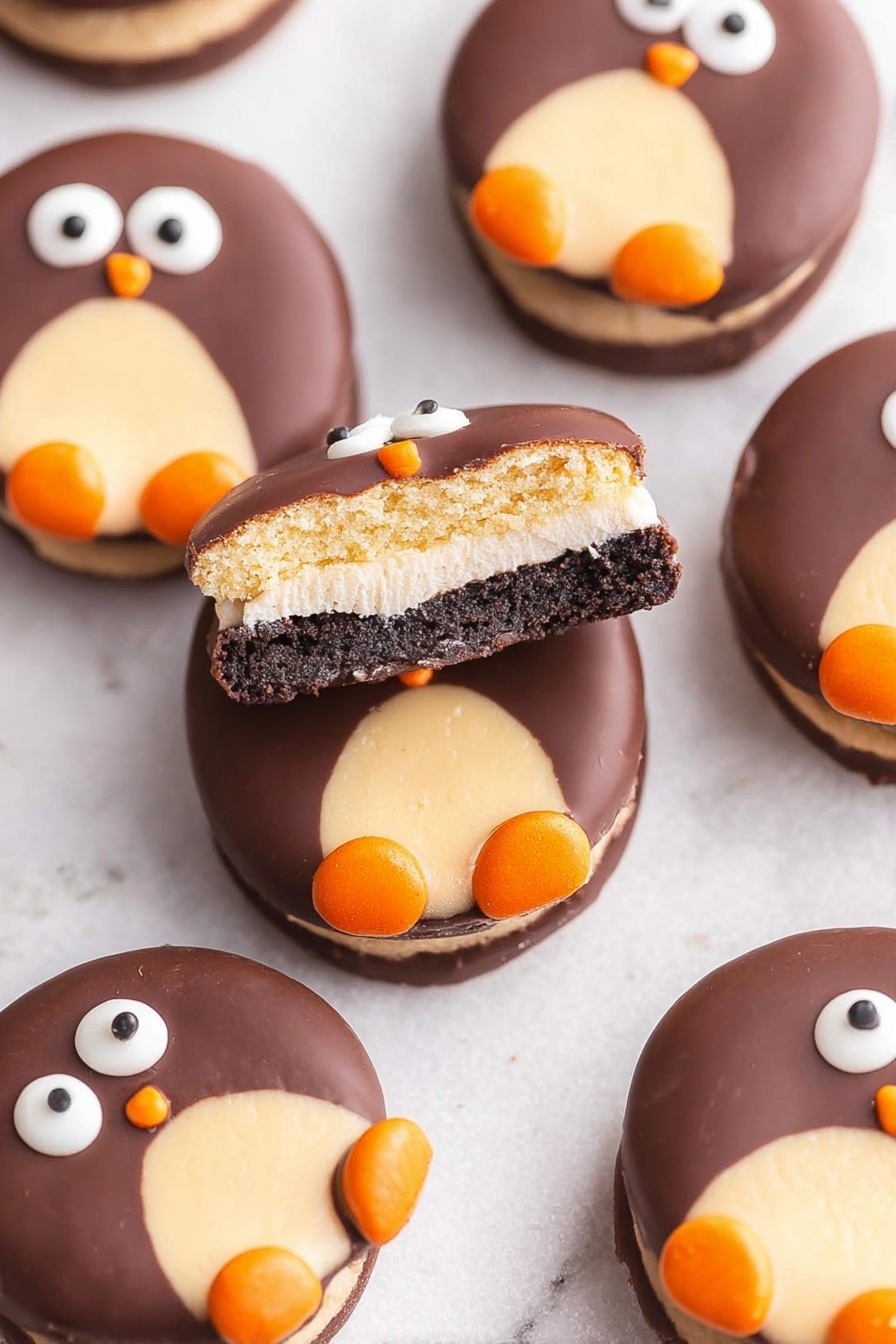The image shows many oval-shaped treats that look like little birds. Each treat has a smooth dark brown chocolate layer covering the whole top, forming the bird’s body. On the center of each bird is a round, light brown cookie acting as the bird’s belly. Two small white round candies with black dots are placed on the top part to make the eyes. An orange oval candy is used as the beak right under the eyes. At the bottom of each bird, two more orange oval candies are placed side by side to look like feet. On each side of the body, two dark brown oval candies show the wings. All the treats are placed close together on a white marbled surface. photo taken with an iphone --ar 2:3 --v 7