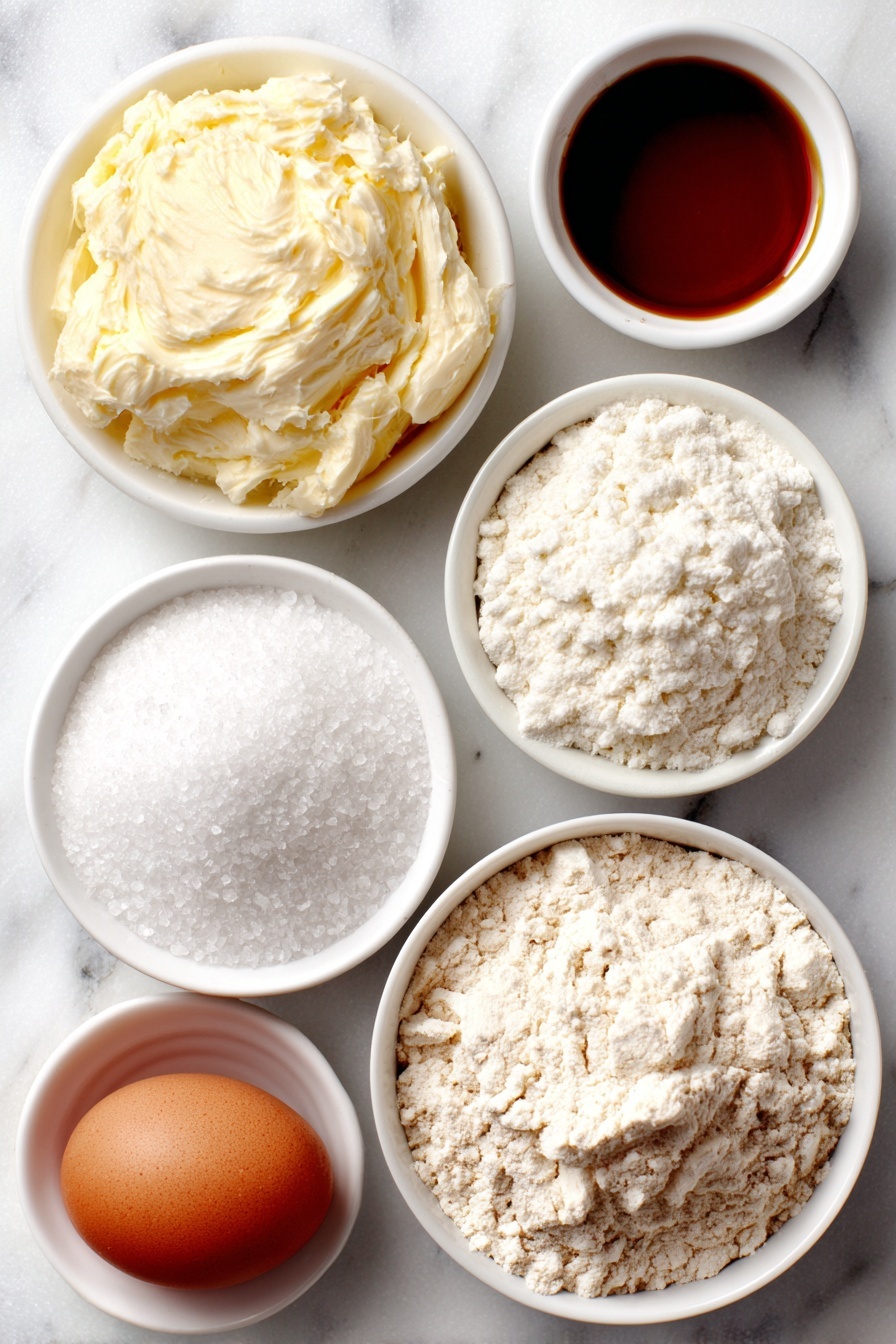 Flat lay of a small mound of softened pale yellow unsalted butter, a small white ceramic bowl filled with fine white caster sugar, a single large whole brown egg with a smooth clean shell, a small white ceramic bowl with clear golden vanilla extract, a neat pile of white all-purpose flour, a small white ceramic bowl holding fine white baking powder, a small white ceramic bowl with coarse white salt crystals, all arranged with perfect symmetry and balanced proportions, placed on a clean white marble surface, soft natural light, photo taken with an iPhone, professional food photography style, fresh ingredients, white ceramic bowls, no bottles, no duplicates, no utensils, no packaging --ar 2:3 --v 7 --p m7354615311229779997