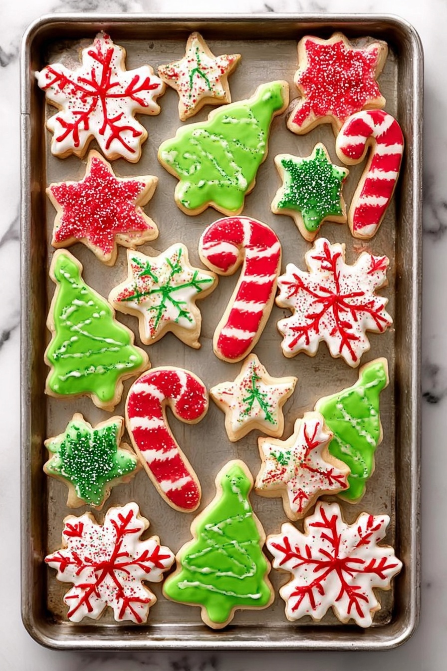 A metal baking tray filled with flat Christmas-themed sugar cookies in different shapes including trees, stars, candy canes, and snowflakes, each cookie decorated with smooth, colorful icing. The snowflake cookies have a white base with red or green icing lines and dots forming symmetrical patterns. The star cookies are coated with solid red or green icing, then decorated with white zigzag lines on top. Christmas tree cookies are coated in green icing, with white lines and dots as tree decorations. Candy cane cookies have white icing with red stripes wrapped around them. The tray sits on a white marbled surface. Photo taken with an iphone --ar 2:3 --v 7