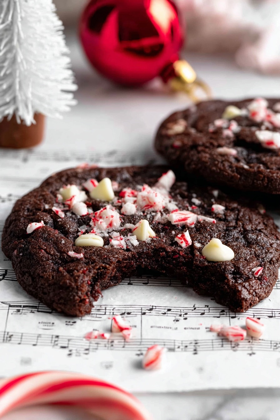 A dark chocolate cookie with rough texture and white chocolate pieces scattered inside features a bite taken out on the right side. On top of the cookie, small broken pieces of red and white candy cane add a crunchy look. The cookie lies on a sheet of printed music notes, placed on a white marbled surface. In the background, a blurred white tiny Christmas tree and a red shiny ornament are visible. A red and white candy cane lies in the front bottom part of the image. Photo taken with an iphone --ar 2:3 --v 7