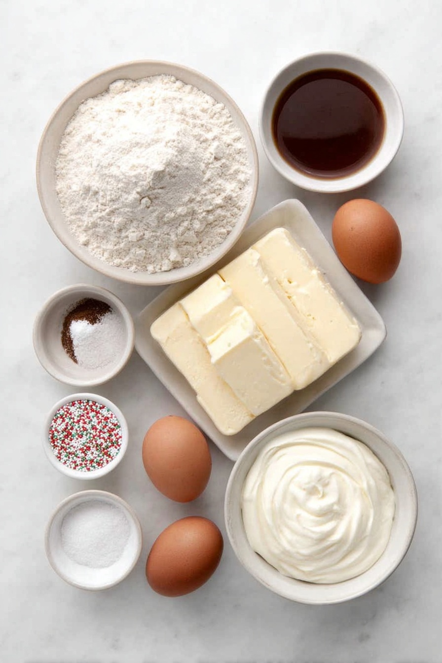Flat lay of a small mound of soft unsalted butter, two whole uncracked brown eggs, a small dollop of smooth cream cheese, a small white ceramic bowl filled with granulated sugar, another small white bowl containing vanilla extract, a neat pile of spooned and leveled all-purpose flour, a small white bowl with baking powder, a tiny white bowl holding salt, a small heap of colorful Christmas jimmies and assorted Christmas sprinkles displayed separately in simple white ceramic bowls, and a small white bowl with heavy cream, all arranged symmetrically and balanced on a clean white marble surface, soft natural light, photo taken with an iPhone, professional food photography style, fresh ingredients, white ceramic bowls, no bottles, no duplicates, no utensils, no packaging --ar 2:3 --v 7 --p m7354615311229779997