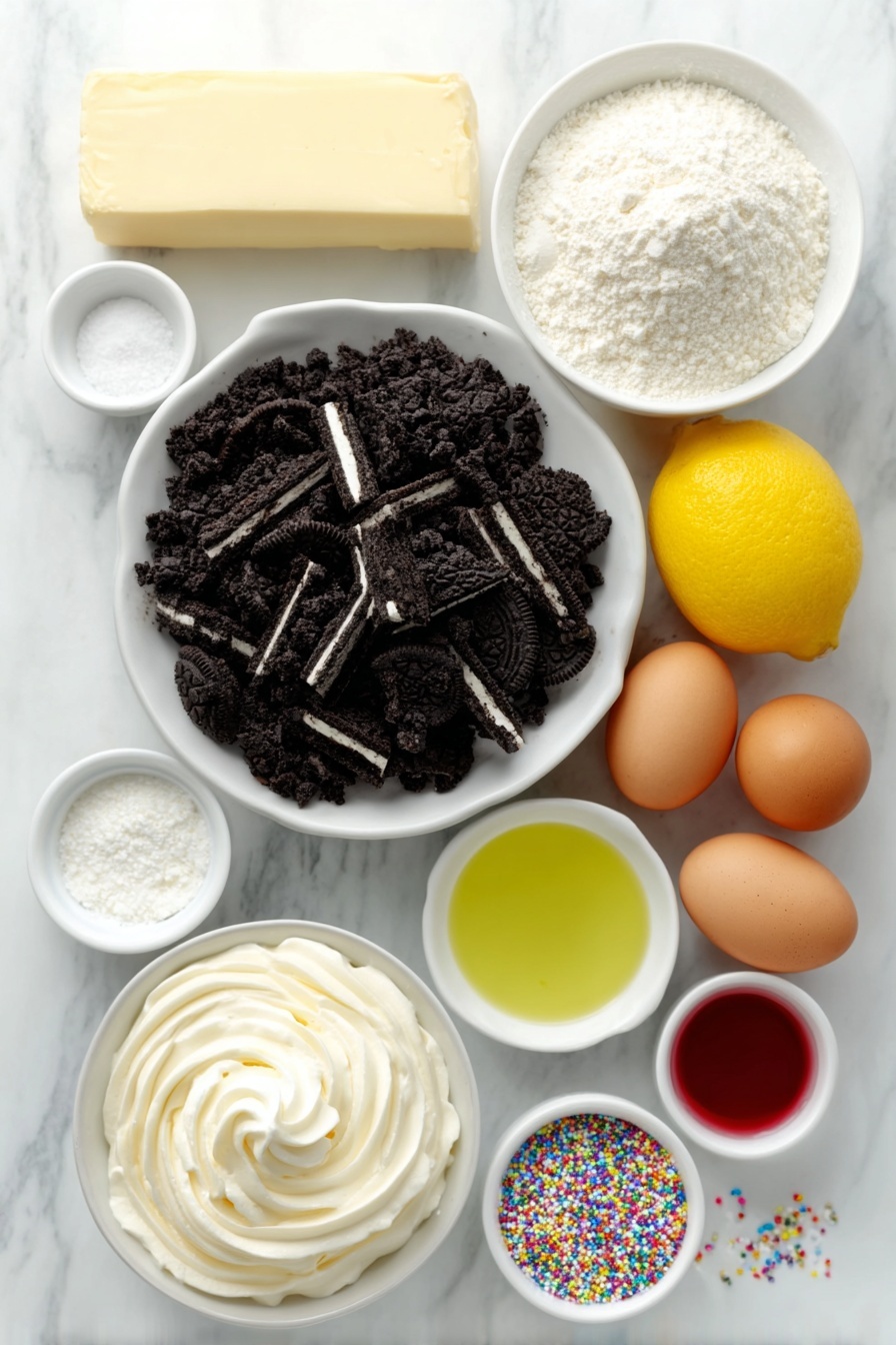 Flat lay of crushed Oreo cookies with visible white filling in a small white ceramic bowl, a small white bowl with melted golden butter, a block of smooth cream cheese, a small white bowl of granulated white sugar, a small white bowl of all-purpose flour, a fresh lemon with some zest grating, two whole brown eggs with clean shells, a small white bowl of heavy cream, a small white bowl containing vibrant green liquid food coloring, a small white bowl containing bright red liquid food coloring, a swirl of fresh whipped cream on a white ceramic plate, and colorful round sprinkles scattered neatly on the surface, all arranged symmetrically on a clean white marble surface, soft natural light, photo taken with an iPhone, professional food photography style, fresh ingredients, white ceramic bowls, no bottles, no duplicates, no utensils, no packaging --ar 2:3 --v 7 --p m7354615311229779997