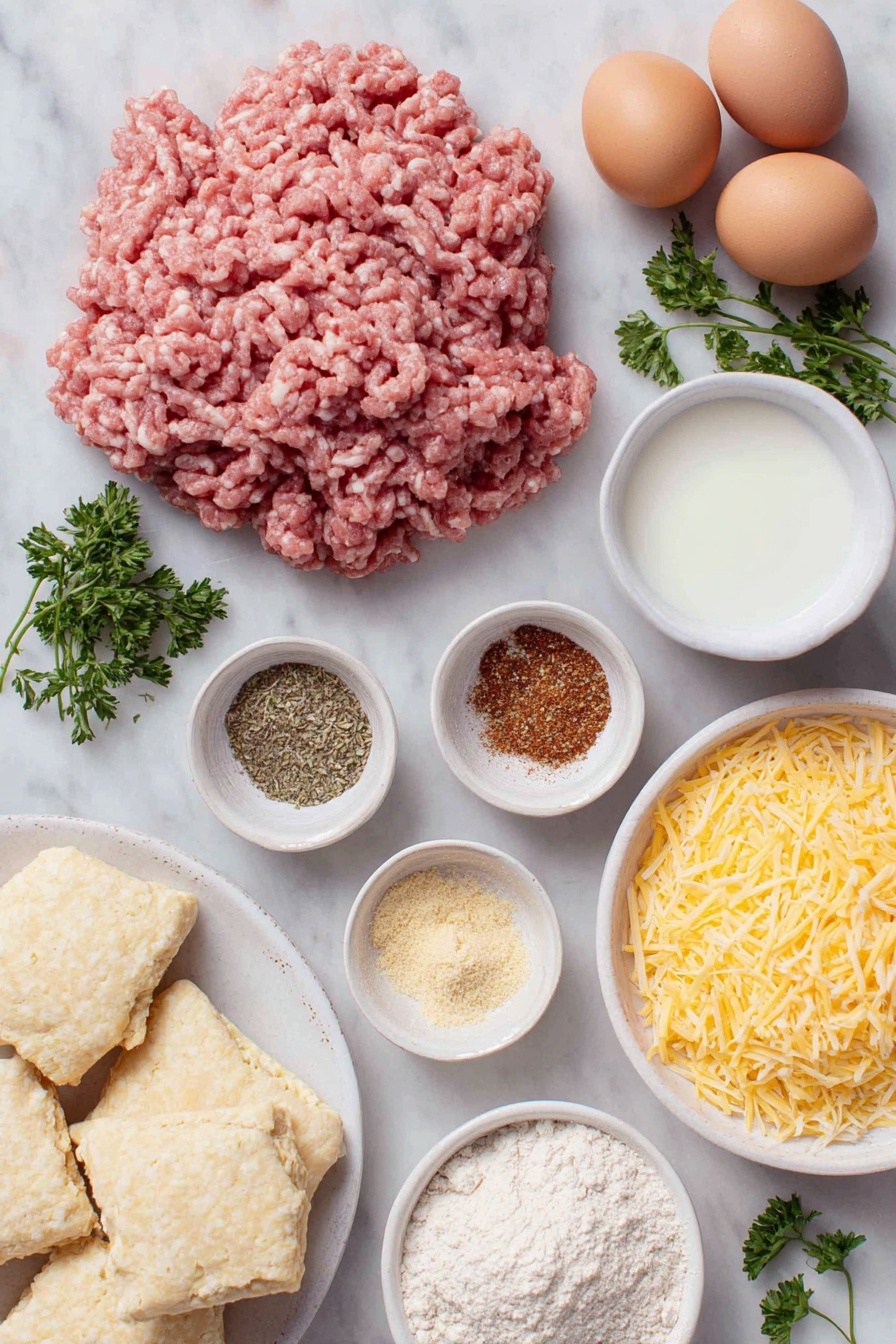 Flat lay of crumbled raw pork sausage, a small white bowl of all-purpose flour, a small white bowl of fresh whole milk, a small white bowl of beef bouillon powder, a small white bowl with mixed dried herbs and spices including garlic powder, dried parsley, onion powder, ground sage, salt, pepper, dried thyme, and red pepper flakes, six whole brown eggs with clean shells, a small white bowl of combined milk and ground spices including paprika and ground mustard, several cut biscuit dough pieces, a small white bowl of freshly shredded sharp cheddar cheese, a small white bowl of freshly shredded Monterrey Jack cheese, and a few sprigs of fresh green parsley placed on a clean white marble surface, soft natural light, photo taken with an iPhone, professional food photography style, fresh ingredients, white ceramic bowls, no bottles, no duplicates, no utensils, no packaging --ar 2:3 --v 7 --p m7354615311229779997