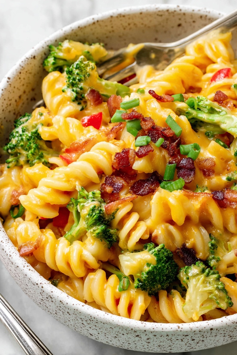 A white casserole dish filled with a three-layer baked pasta dish. The bottom layer is spiral pasta mixed with bright green broccoli pieces and light chunks of chicken. The middle layer is melted golden cheddar cheese spread unevenly, covering the pasta and broccoli. The top layer has crispy, dark red bacon bits and chopped green onions scattered over the cheese, creating a colorful contrast. A golden spoon is scooping some of the baked pasta, showing the layers inside. The background has a white marbled texture. Photo taken with an iphone --ar 2:3 --v 7