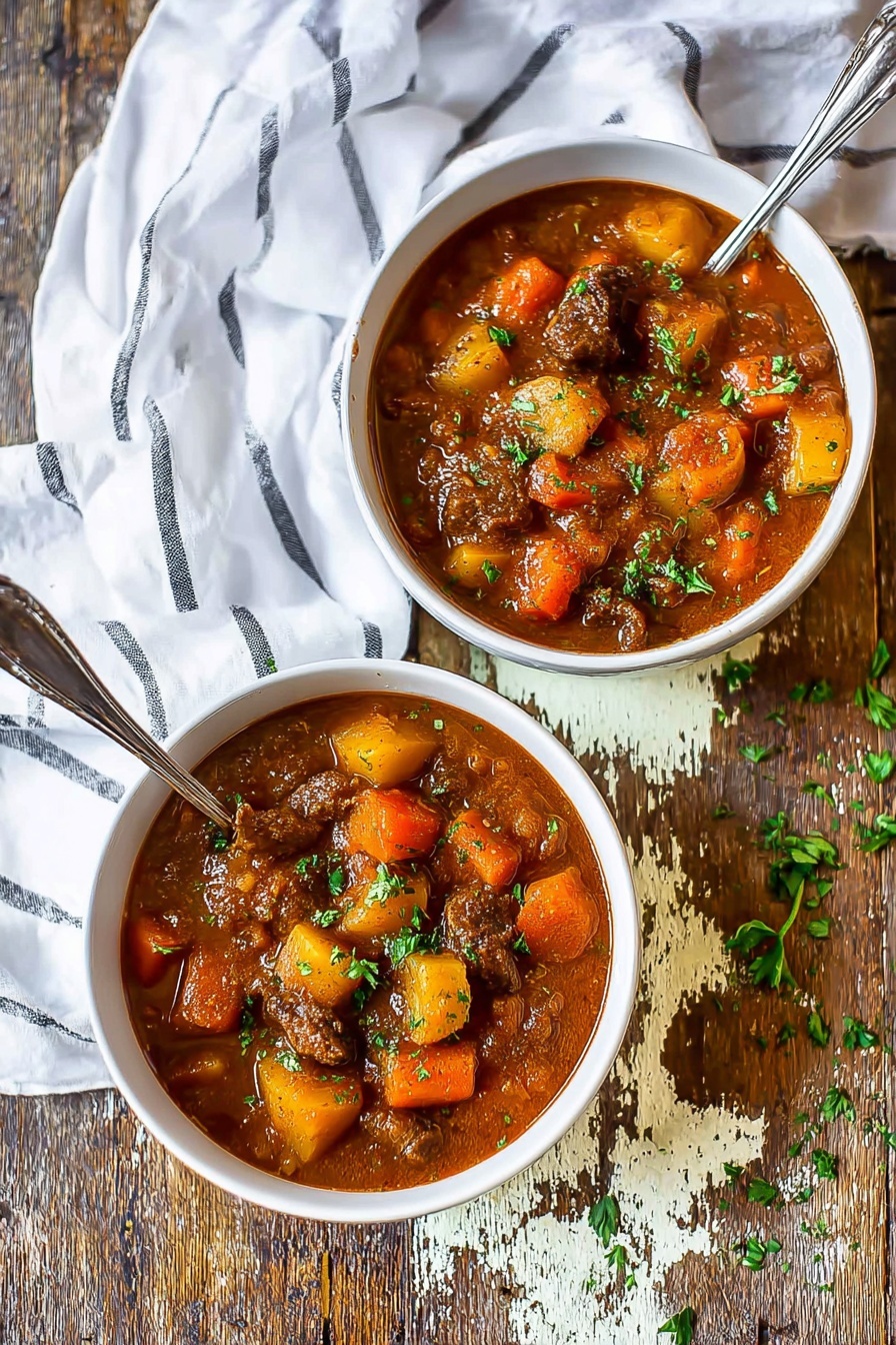 Two white bowls filled with thick brown stew containing visible chunks of orange carrots, light yellow potatoes, and dark brown beef pieces, garnished with small green parsley bits. Each bowl has a metal fork placed inside. The bowls sit on a worn wooden surface with white and brown patches, next to a white cloth with black stripes. Small parsley pieces are scattered around the bowls. Photo taken with an iphone --ar 2:3 --v 7