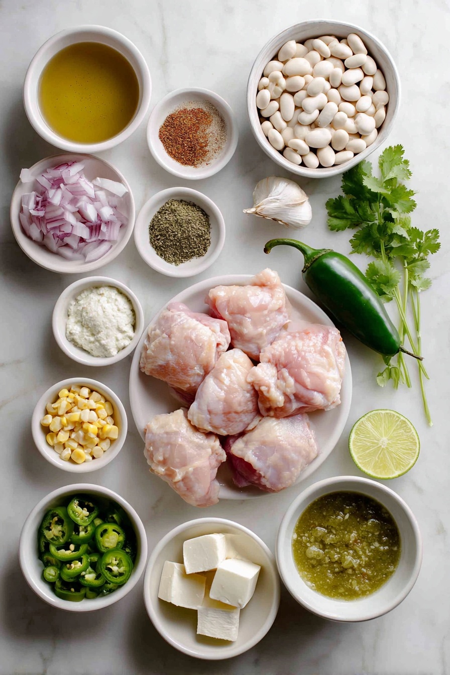 Flat lay of boneless skinless chicken thighs, a medium diced onion, one chopped seeded poblano pepper, one chopped seeded jalapeño pepper, four whole garlic cloves, small white bowls with ground cumin, ground coriander, dried oregano, fine salt, black pepper, two piles of drained rinsed white beans, a small white bowl of low-sodium chicken broth, a small white bowl of tomatillo salsa verde, a small white bowl of diced green chiles, a small pile of fresh corn kernels, cubed cream cheese, one halved lime, and a small pile of chopped fresh cilantro placed on a clean white marble surface, soft natural light, photo taken with an iPhone, professional food photography style, fresh ingredients, white ceramic bowls, no bottles, no duplicates, no utensils, no packaging --ar 2:3 --v 7 --p m7354615311229779997