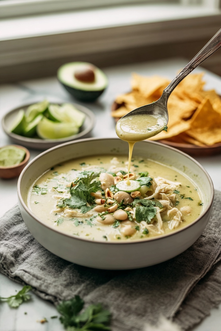 A deep white bowl filled with creamy, light yellow-green soup with visible chunks of vegetables and herbs, topped with fresh green cilantro leaves and small pieces of nuts or seeds. A long metal ladle held by a woman's hand is pouring the thick soup into the bowl, adding a smooth layer over the chunky mix. Around the bowl on a soft gray cloth-covered white marbled surface, there are small plates holding lime wedges, fresh green cilantro, half an avocado, and triangular yellow tortilla chips arranged neatly. Soft natural light comes from a window in the background, giving the scene a cozy feel. photo taken with an iphone --ar 2:3 --v 7