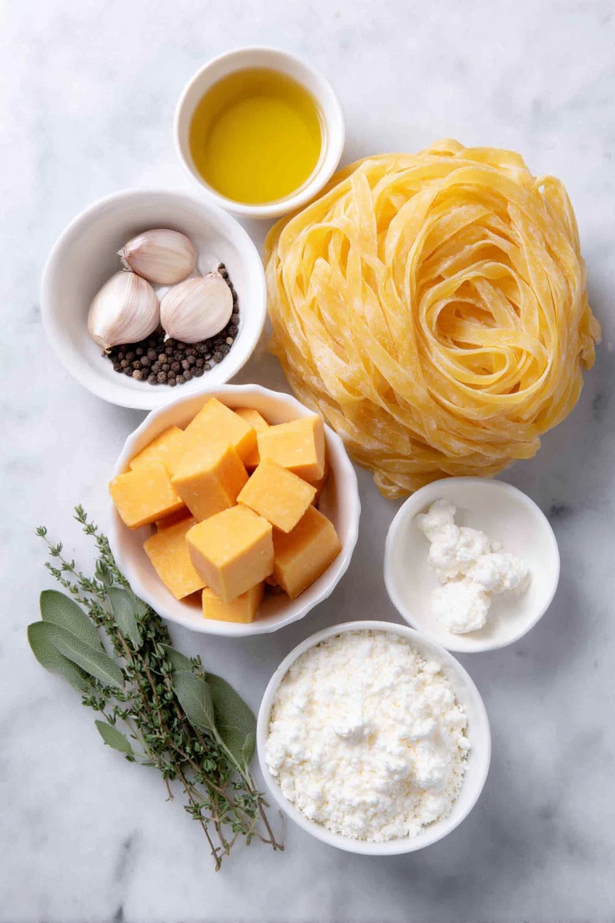 Flat lay of fresh uncooked fettuccine pasta neatly coiled, vibrant orange butternut squash cubes, three whole uncracked brown garlic cloves next to peeled garlic cloves, a small white ceramic bowl of golden olive oil, a small white ceramic bowl filled with thick double cream, a small white ceramic bowl of finely grated Parmesan cheese, a small white ceramic bowl of clear vegetable stock, a few fresh bright green sage leaves, and coarse black peppercorns and sea salt crystals scattered delicately, all arranged symmetrically on a clean white marble surface, soft natural light, photo taken with an iPhone, professional food photography style, fresh ingredients, white ceramic bowls, no bottles, no duplicates, no utensils, no packaging --ar 2:3 --v 7 --p m7354615311229779997
