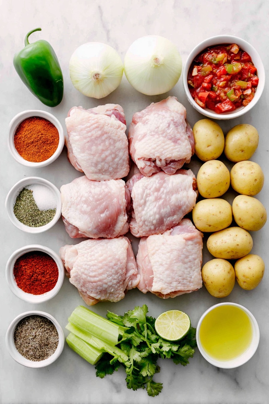 Flat lay of fresh bone-in skinless chicken thighs with pale pink flesh and smooth skin, a large peeled and chopped white onion, one whole green jalapeno pepper, four bright orange carrot slices, four fresh celery stalks sliced, three Yukon gold potatoes cut into chunks with yellow flesh, six whole garlic cloves with papery skins intact, small white ceramic bowls each containing vibrant red chili powder, warm brown ground cumin, dried oregano leaves, ground coriander seeds, smoked paprika, salt, and black pepper powders, a small white bowl filled with fire roasted diced tomatoes and juices, another small white bowl holding mild diced green chiles, a couple of pear-shaped green chayote squashes with smooth skin, fresh ears of sweet corn with bright yellow kernels removed, a small white bowl of golden olive oil, a lime halved with one half showing juicy green flesh, and a bunch of fresh bright green cilantro sprigs — all arranged symmetrically on a clean white marble surface, soft natural light, photo taken with an iPhone, professional food photography style, fresh ingredients, white ceramic bowls, no bottles, no duplicates, no utensils, no packaging --ar 2:3 --v 7 --p m7354615311229779997