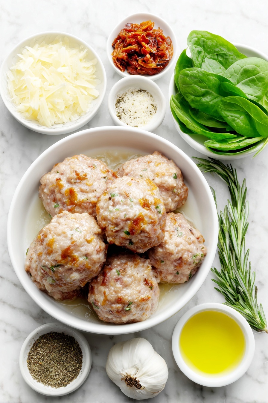 Flat lay of fresh ground chicken formed into meatballs in a simple white ceramic bowl, a small white bowl filled with golden salted butter chunks, a small white bowl of grated parmesan cheese, a small white bowl with creamy heavy cream, a small white bowl of chopped deep red sun-dried tomatoes, a small white bowl holding dry orzo pasta, a bunch of fresh baby spinach leaves, a whole white onion cut into quarters, a head of garlic with the top sliced to reveal the cloves, a fresh green sprig of rosemary, a small white bowl containing pale golden dry white wine, a small white bowl with smooth dijon mustard, and a small white bowl sprinkled with Italian seasoning, all arranged in perfect symmetry and balanced proportion placed on a clean white marble surface, soft natural light, photo taken with an iPhone, professional food photography style, fresh ingredients, white ceramic bowls, no bottles, no duplicates, no utensils, no packaging --ar 2:3 --v 7 --p m7354615311229779997