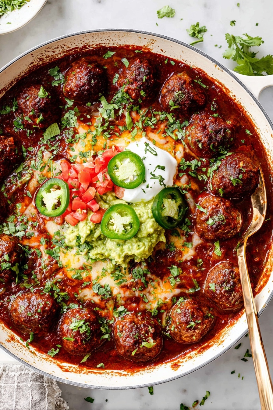 The dish shows a pan filled with about three layers: the bottom layer is a rich dark red sauce, the middle layer has bright melted orange and yellow cheese spread unevenly, and the top layer is made up of many small round meatballs covered in the same red sauce, topped with a light sprinkle of chopped green herbs, adding a fresh look. A gold spoon is partially visible in the pan, resting among the meatballs, and the pan sits on a white marbled surface. The colors are warm and vibrant, with the cheese melted and slightly shiny, making the dish look fresh and hot. Photo taken with an iphone --ar 2:3 --v 7