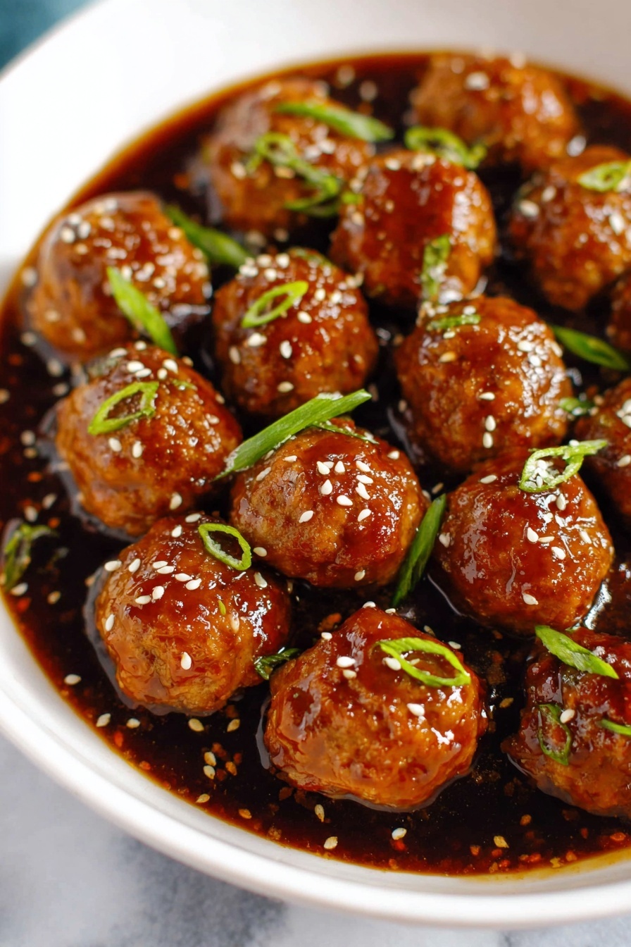 A white bowl holds three main layers: the bottom layer is light brown cooked rice with some dark sauce drizzled on top and green onion pieces scattered; on one side, bright green broccoli florets with a fresh texture sit closely together; on the other side, small round meatballs coated in a shiny dark brown sauce sprinkled with white sesame seeds and sliced green onions complete the dish; the bowl rests on a white marbled surface. photo taken with an iphone --ar 2:3 --v 7