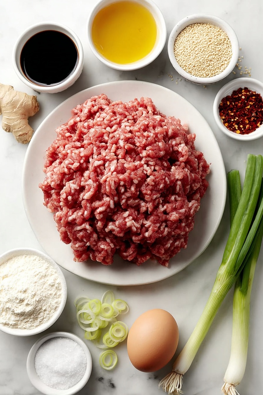 Flat lay of a mound of fresh ground turkey, a small mound of whole wheat panko breadcrumbs, one whole uncracked brown egg, a small white bowl with low-sodium soy sauce, a small white bowl with golden honey, a small white bowl with clear beef broth, a small white bowl with amber sesame oil, fresh ginger root and a small pile of freshly grated ginger, several cloves of garlic whole and minced garlic in a small white bowl, two whole green onions with sliced green onion rings arranged beside them, a small white bowl with black pepper, a small white bowl with crushed red chili flakes, and a small white bowl with cornstarch alongside a small white bowl with water, sesame seeds scattered neatly on a simple white ceramic plate placed on a clean white marble surface, soft natural light, photo taken with an iPhone, professional food photography style, fresh ingredients, white ceramic bowls, no bottles, no duplicates, no utensils, no packaging --ar 2:3 --v 7 --p m7354615311229779997