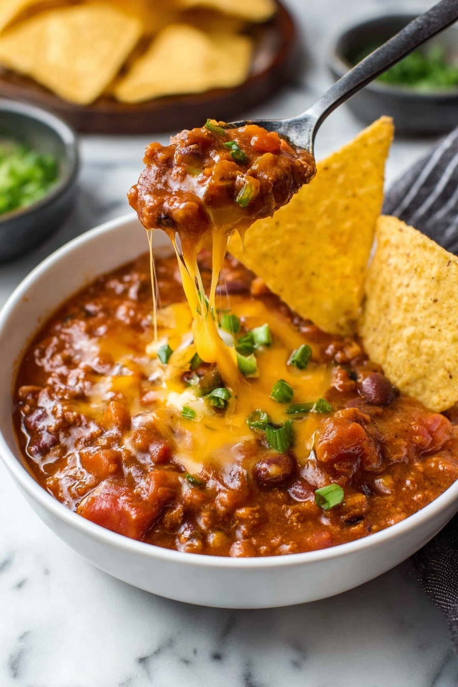 A white bowl filled with thick chili, showing layers of dark red beans and chunks of meat in a rich red sauce. On top, there is a melted layer of yellow cheese sprinkled with small pieces of green onion. Three triangular golden-yellow tortilla chips stand upright on the side of the bowl. A black spoon is placed inside the bowl, resting on the right edge. The bowl sits on a white marbled surface with loose tortilla chips and two wooden bowls full of green onions and shredded yellow cheese nearby. A white cloth with black stripes is tucked under the bowl. Photo taken with an iphone --ar 2:3 --v 7