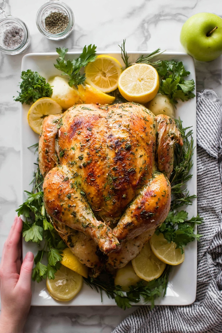 A whole roasted chicken with golden-brown, crispy skin speckled with herbs sits centered on a white rectangular plate. The chicken is surrounded by fresh green herbs like parsley and rosemary, with several lemon halves showing bright yellow inside scattered around the edges. There is a whole green apple placed near the top right of the plate. The plate is set on a white marbled surface with a gray and white striped cloth partially visible near the top right corner. A woman's hand is gently holding the left wing of the chicken. Two small glass containers of seasoning can be seen at the top left corner of the image. Photo taken with an iphone --ar 2:3 --v 7