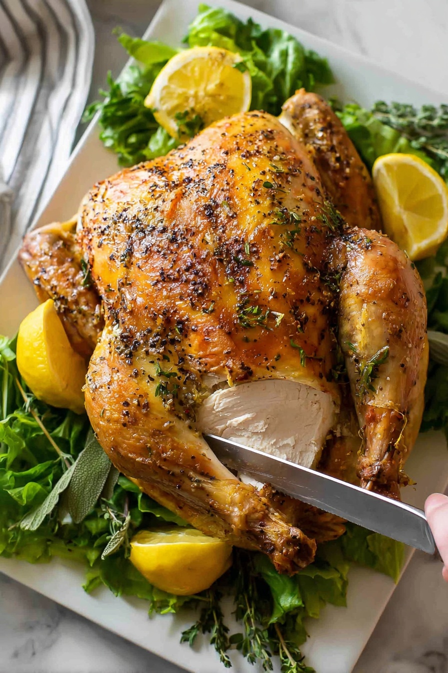 A whole roasted turkey with golden-brown, crispy skin covered in herbs is placed on a white rectangular plate. Around the turkey are fresh green leafy vegetables and several halved yellow lemons. A woman's hand is holding a knife slicing a thick piece of the turkey breast, revealing the juicy white meat inside. The plate sits on a white marbled surface. photo taken with an iphone --ar 2:3 --v 7