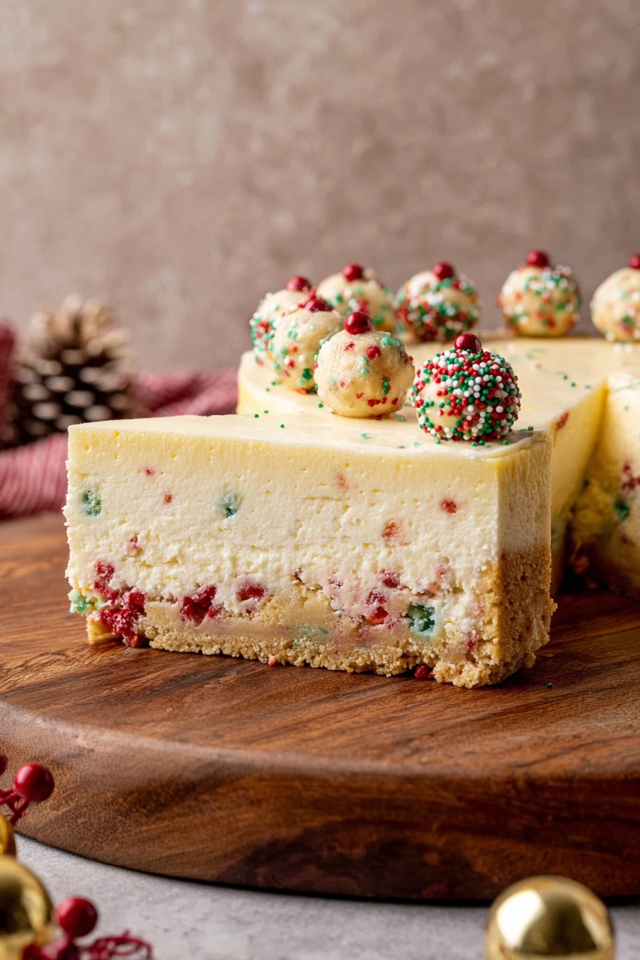 The image shows a thick slice of cheesecake with three distinct layers on a wooden round board. The bottom layer is a crumbly crust speckled with red and green bits, giving it a festive look. The middle layer is a smooth, pale yellow creamy cheesecake with small red and green specks inside. The top layer is a thin light cream that is covered with small red, green, and white round and stick sprinkles. On top of the cheesecake edge, there is a ring of small round cookie dough balls with tiny red and green bits in them. The background has a simple light brown texture, and there are some holiday decorations around the board. Photo taken with an iphone --ar 2:3 --v 7