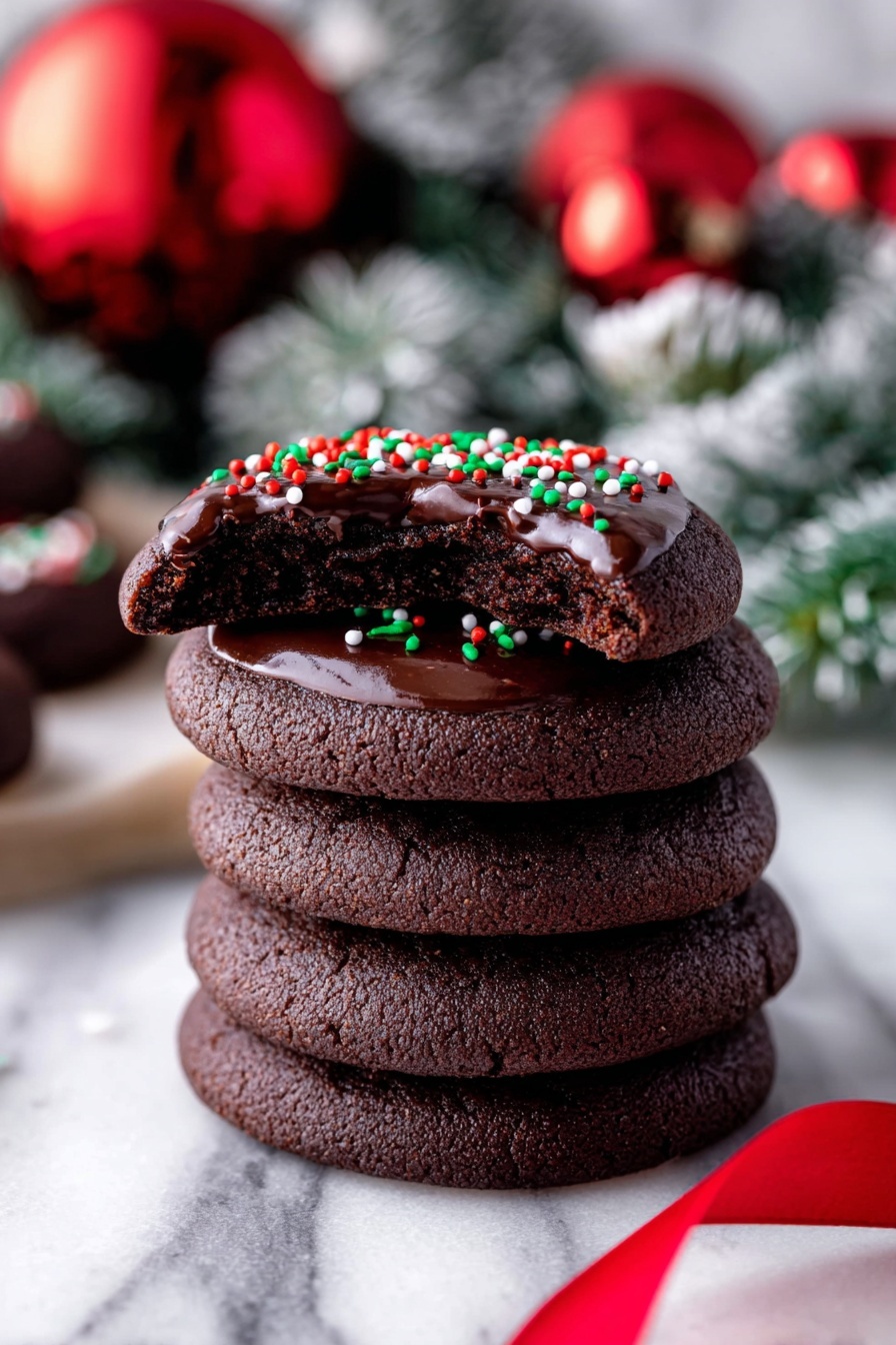The image shows many round dark chocolate cookies arranged closely on a white marbled surface. Each cookie has one thick layer of shiny dark chocolate filling in the center, topped with small round sprinkles in red, white, and green colors. At the top of the image, there is a white bowl filled with the same colorful sprinkles. The cookies have a smooth but slightly textured edge, and the chocolate center looks glossy and smooth, reflecting light. The sprinkles scattered on the filling add a festive touch, with red, green, and white dots spread evenly. photo taken with an iphone --ar 2:3 --v 7