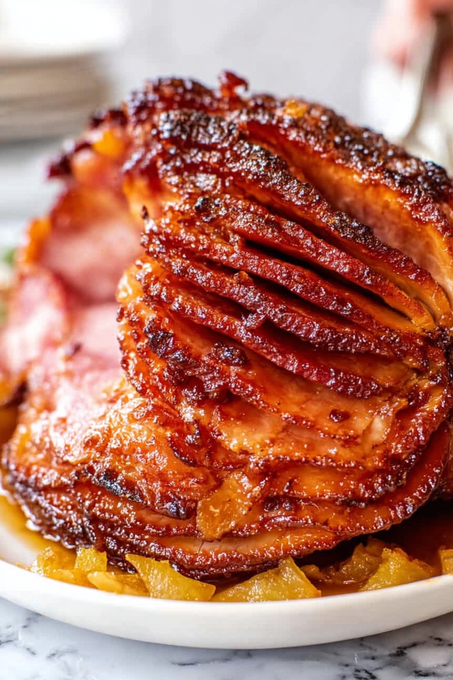 A baked ham covered with a shiny brown glaze, topped with multiple yellow pineapple rings arranged in layers on the top and sides, each pineapple ring held in place with a wooden toothpick skewering a bright red cherry in the center. The ham rests on a base covered in silver foil with a white marbled surface in the background. The glaze gives the ham a glossy, sticky texture, enhancing the vibrant colors of the pineapples and cherries. Photo taken with an iphone --ar 2:3 --v 7
