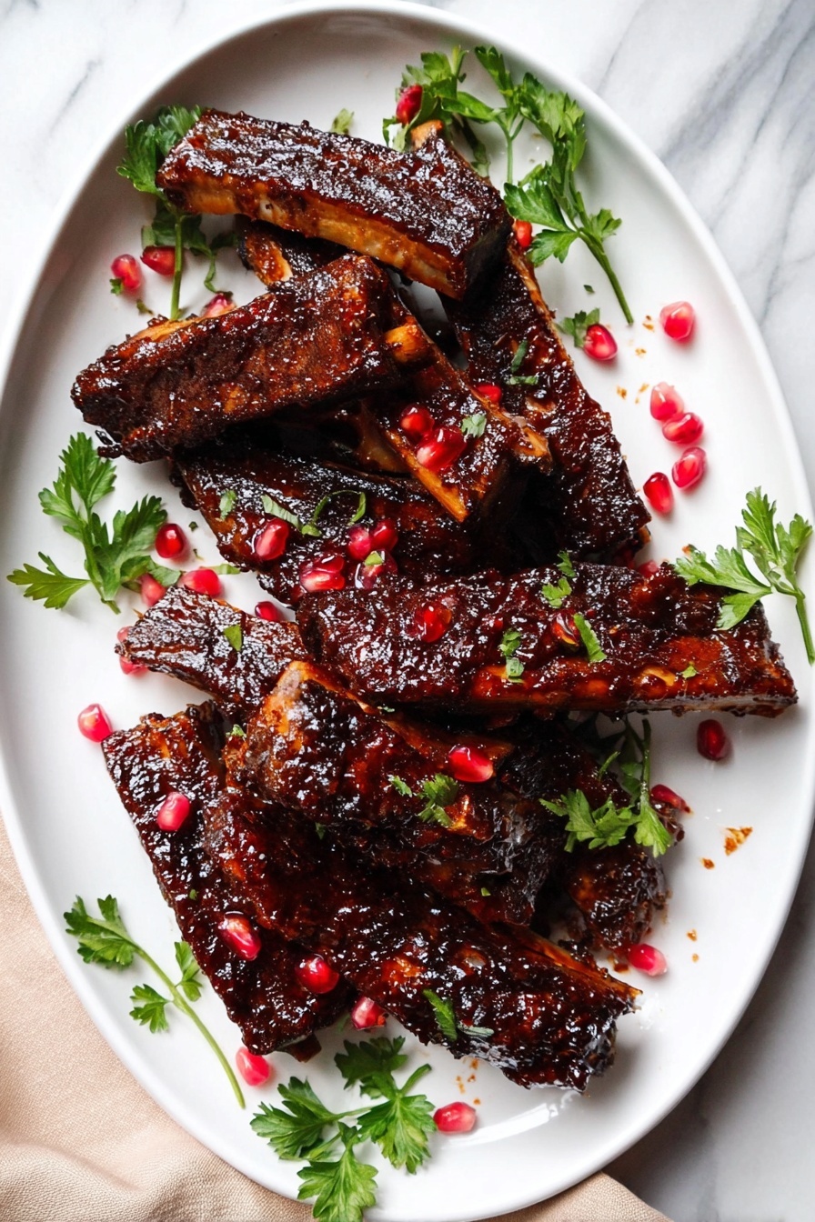 A white speckled plate holds two thick, dark glazed ribs stacked slightly on top of each other on the right side, with a small bunch of fresh green parsley resting between them. To the left, there is a large portion of bright orange mashed sweet potato, softly textured and spread in an irregular shape. Scattered around the ribs and plate are a few shiny red pomegranate seeds and drops of dark glaze. A silver fork is placed on the left edge of the plate. The plate is set on a white marbled surface with a beige cloth visible in the top right corner. Photo taken with an iphone --ar 2:3 --v 7