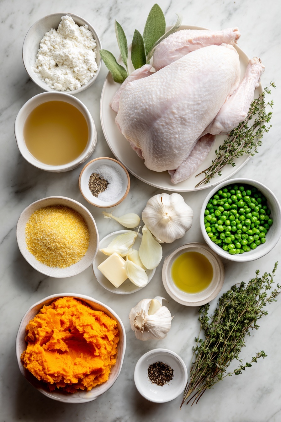 Flat lay of fresh turkey breast tenderloins, a few sprigs of fresh thyme, two bay leaves, four celery hearts chopped, two medium carrots chopped, one medium white onion finely chopped, six garlic cloves whole, unpeeled, a small pile of kosher salt crystals, a small heap of freshly ground black pepper, a few tablespoons of unsalted butter in a small white bowl, a small white bowl of extra virgin olive oil, a small white bowl of chicken stock, a small white bowl filled with frozen green peas, a small mound of all-purpose flour, a small mound of fine yellow cornmeal, a small white bowl with melted salted butter, a small white bowl of whole buttermilk, a small portion of mashed sweet potato, all arranged with perfect symmetry on a clean white ceramic plate and bowls placed on a clean white marble surface, soft natural light, photo taken with an iPhone, professional food photography style, fresh ingredients, white ceramic bowls, no bottles, no duplicates, no utensils, no packaging --ar 2:3 --v 7 --p m7354615311229779997