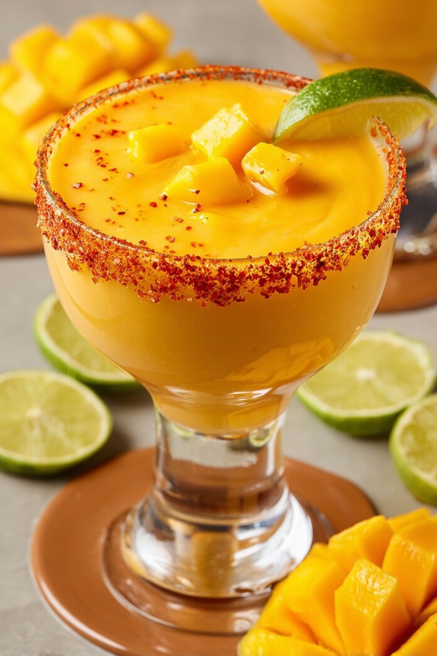 A clear glass with an orange drink fills almost to the top, smooth and creamy in texture. On the surface, there are three small yellow mango cubes and one thin lime slice resting on the edge. The glass rim is coated with a red chili powder. The drink layer is a bright orange-yellow blend, thick and swirled lightly on top. The glass sits on a flat surface with a brown base, surrounded by lime wedges and mango pieces. Photo taken with an iphone --ar 2:3 --v 7