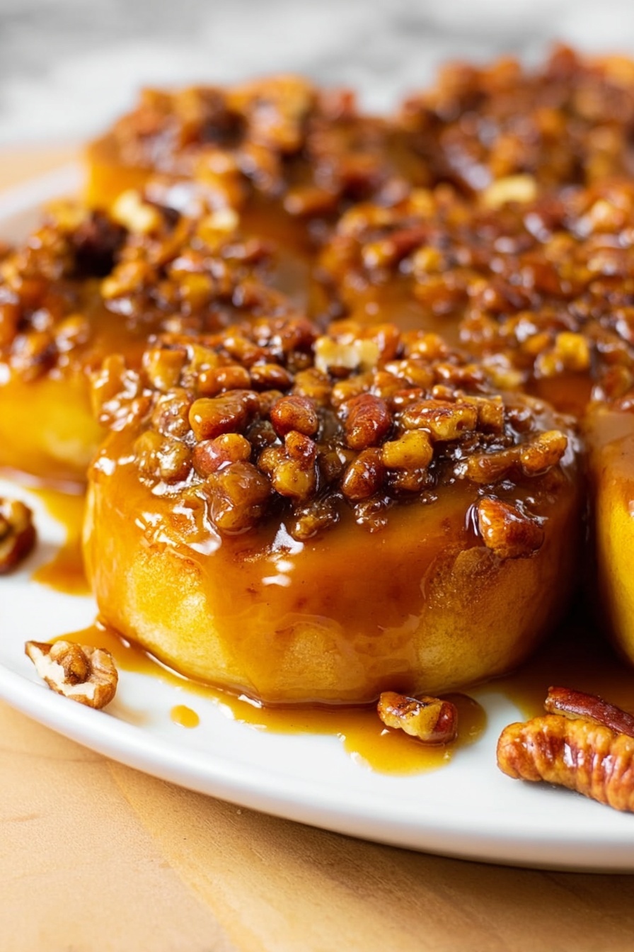 The image shows several pieces of sticky cinnamon rolls covered with a thick, rich caramel sauce and a generous layer of chopped pecans. The cinnamon rolls are golden brown and fluffy inside, with one piece bitten to show the soft, airy texture. The caramel sauce is glossy and coats the rolls fully, with clusters of crunchy pecans spread unevenly on top. The rolls sit on a white plate placed on a white marbled surface. Photo taken with an iphone --ar 2:3 --v 7