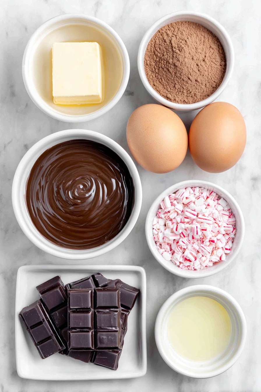 Flat lay of a simple white ceramic bowl of smooth light brown sugar cookie mix, a small white ceramic bowl filled with rich dark brown cocoa powder, two whole large brown eggs with clean shells, a small white ceramic bowl of softened pale yellow salted butter, a small white ceramic bowl containing clear peppermint extract liquid, a white ceramic plate with roughly chopped glossy dark chocolate almond bark squares, and a small white ceramic bowl holding crushed bright red and white candy cane pieces — all arranged in perfect symmetry, fresh and natural, placed on a clean white marble surface, soft natural light, photo taken with an iPhone, professional food photography style, fresh ingredients, white ceramic bowls, no bottles, no duplicates, no utensils, no packaging --ar 2:3 --v 7 --p m7354615311229779997