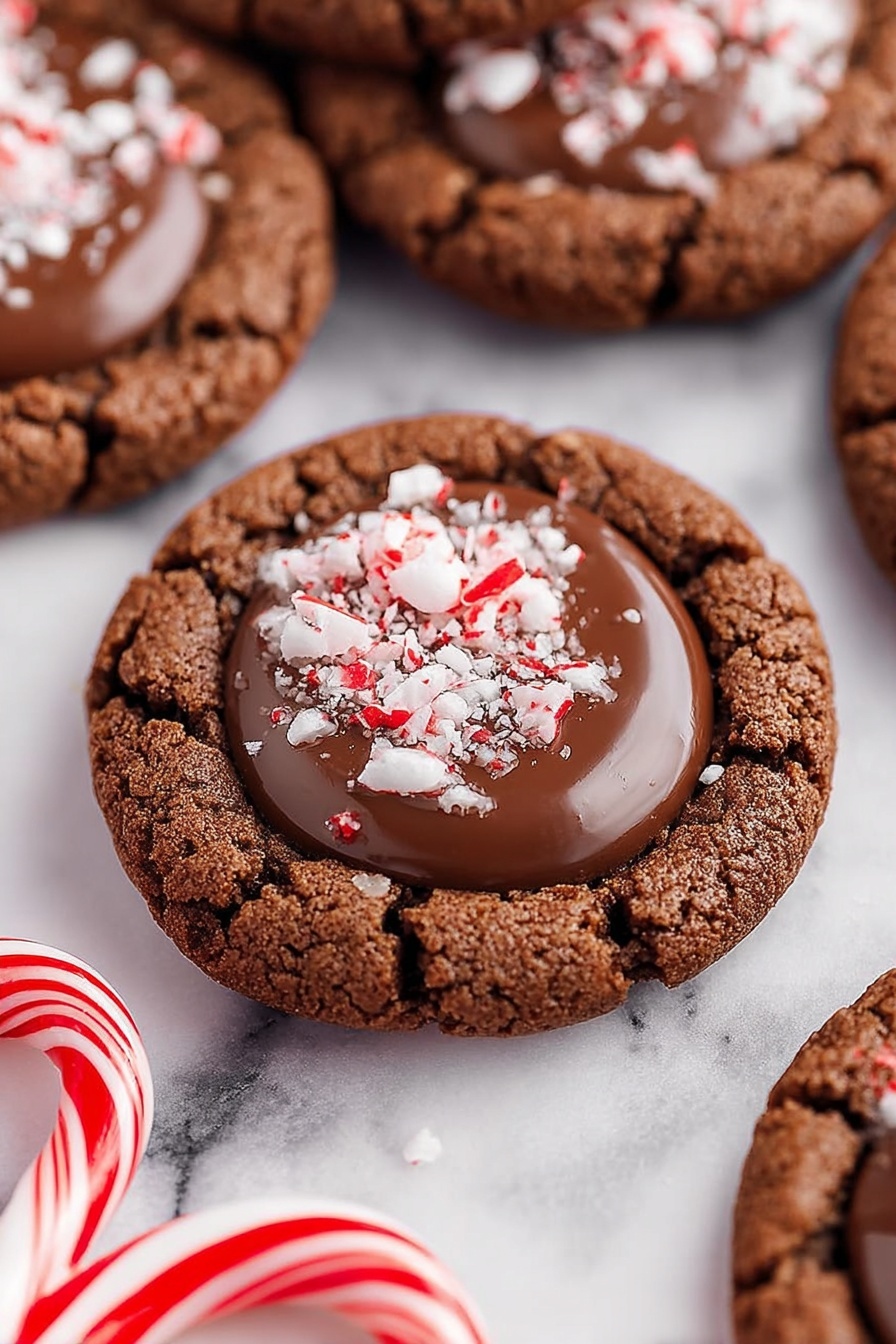 The image shows several round chocolate cookies arranged on a black cooling rack over a white marbled surface. Each cookie has two layers: the bottom layer is a textured, light brown chocolate cookie with cracks, and the top layer is a smooth, shiny, dark chocolate circle filling the center. The chocolate filling is topped with crushed white and red peppermint pieces scattered unevenly. One cookie in the middle is bitten into, revealing a thick, soft chocolate center inside the cookie base. Photo taken with an iphone --ar 2:3 --v 7