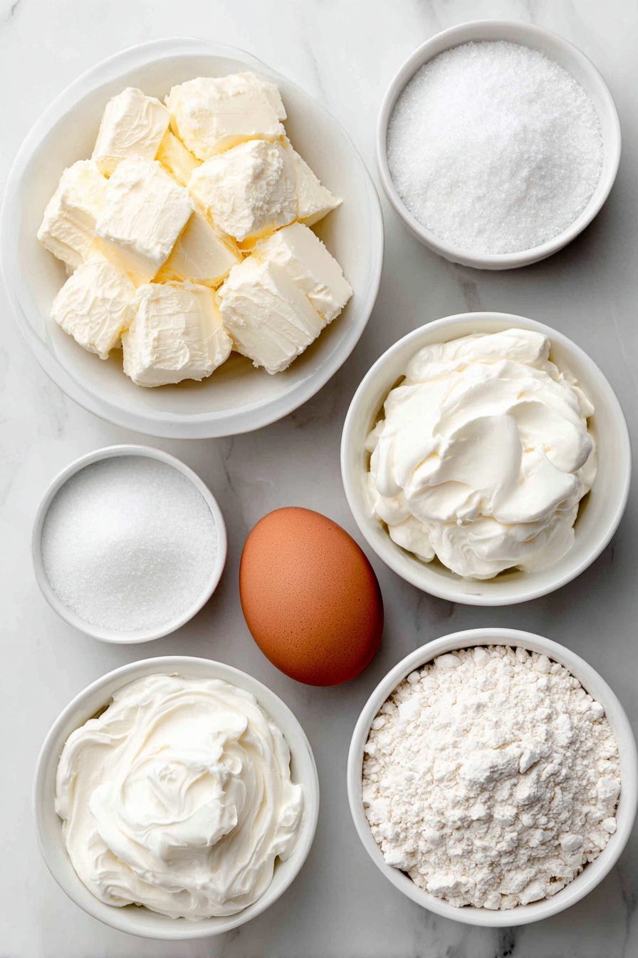 Flat lay of a small white ceramic bowl of softened unsalted butter, a small white ceramic bowl of granulated sugar, a small white ceramic bowl with cream of tartar powder, a small white ceramic bowl of heavy cream, one whole large brown egg with a clean shell, a small white ceramic bowl of clear vanilla flavoring, a small white ceramic bowl of pure peppermint extract, a small white ceramic bowl of baking powder, a simple white ceramic plate of all-purpose flour, and a small white ceramic bowl of vibrant red gel food coloring placed on a clean white marble surface, soft natural light, photo taken with an iPhone, professional food photography style, fresh ingredients, white ceramic bowls, no bottles, no duplicates, no utensils, no packaging --ar 2:3 --v 7 --p m7354615311229779997