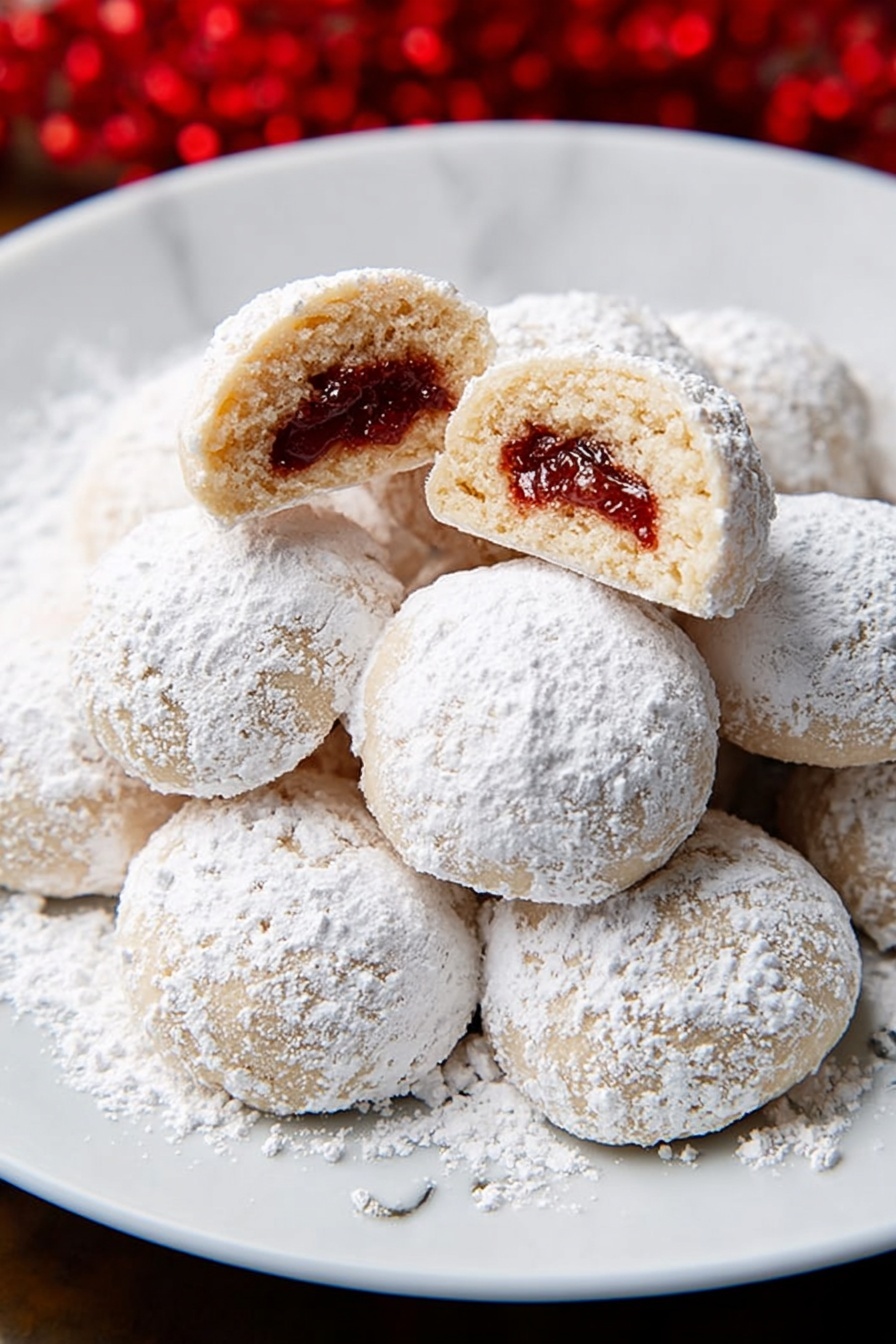 A white plate holds a pile of round cookies dusted thickly with white powdered sugar, giving them a soft and fluffy look. One cookie is split in half on top, showing two layers: a pale beige soft dough outer layer and a dark, syrupy red filling inside. The powdered sugar is spread unevenly on the plate, with some scattered around the cookies. The plate is set on a white marbled surface, and the cookies have a light, powdery texture that feels delicate. photo taken with an iphone --ar 2:3 --v 7