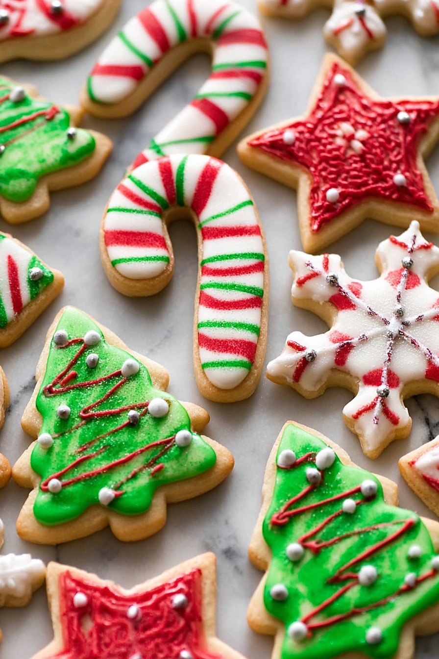 The image shows a group of Christmas cookies with different shapes and colorful icing on a white marbled surface. There are snowflake-shaped cookies with white icing as the base layer and green or red icing creating lines and dots on top. Candy cane-shaped cookies have a white icing base with red stripes on top. Tree-shaped cookies have a green icing base with white icing lines and small red dots and silver balls as decoration. Star-shaped cookies have a red icing base with textured white icing on top, resembling a snowy pattern. The cookies have a golden-brown edge where the dough is visible. photo taken with an iphone --ar 2:3 --v 7