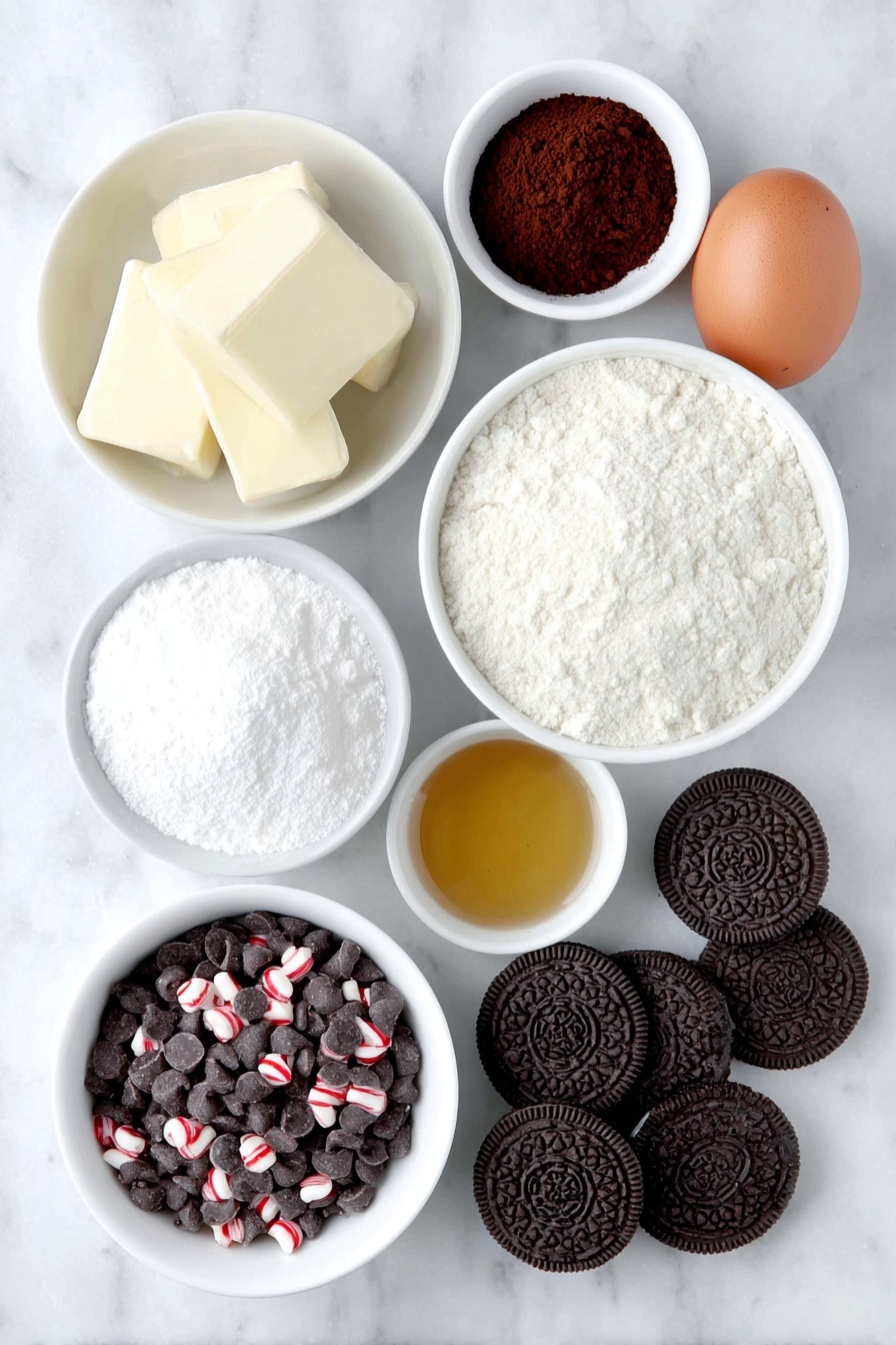 Flat lay of a few small cubes of softened butter, a small mound of dark brown sugar, a small mound of white granulated sugar, one whole uncracked brown egg, a small white bowl with golden vanilla extract, a small pile of all-purpose flour, a small pile of white cornstarch powder, a small pile of fine baking soda powder, a small pinch of salt crystals, a small white bowl filled with semi-sweet chocolate chips, a small white bowl containing crushed red and white candy cane pieces, seven whole Oreo cookies arranged neatly, all placed on a clean white marble surface, soft natural light, photo taken with an iPhone, professional food photography style, fresh ingredients, white ceramic bowls, no bottles, no duplicates, no utensils, no packaging --ar 2:3 --v 7 --p m7354615311229779997