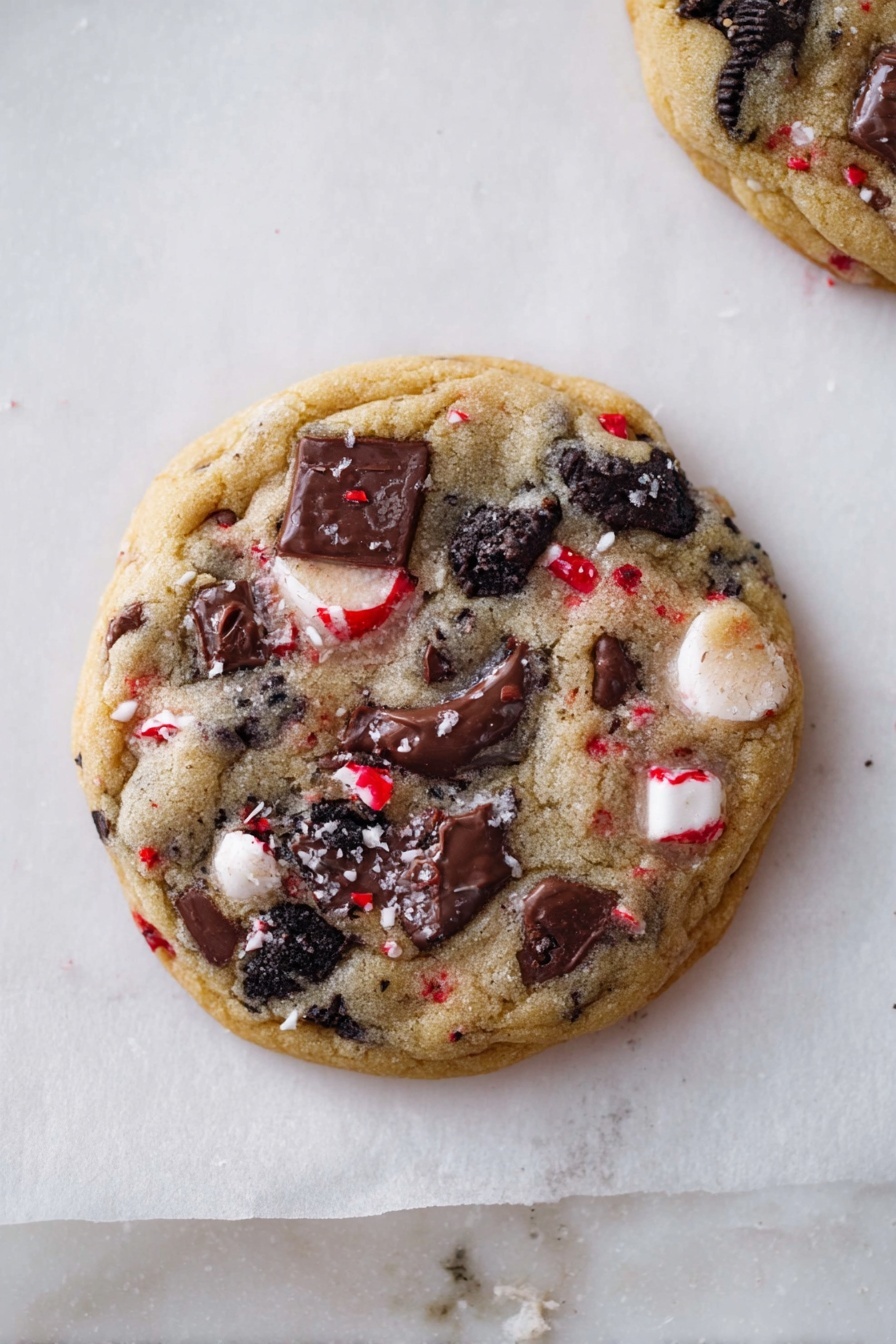 A single round cookie with a light golden-brown base is shown on a piece of white parchment paper over a white marbled surface. The cookie has chunks of dark brown chocolate, pieces of black and white cookies, and small bits of red candy scattered throughout. Its texture looks soft with melted chocolate patches and a slightly crisp edge. Another cookie partially appears at the top right corner. Photo taken with an iphone --ar 2:3 --v 7