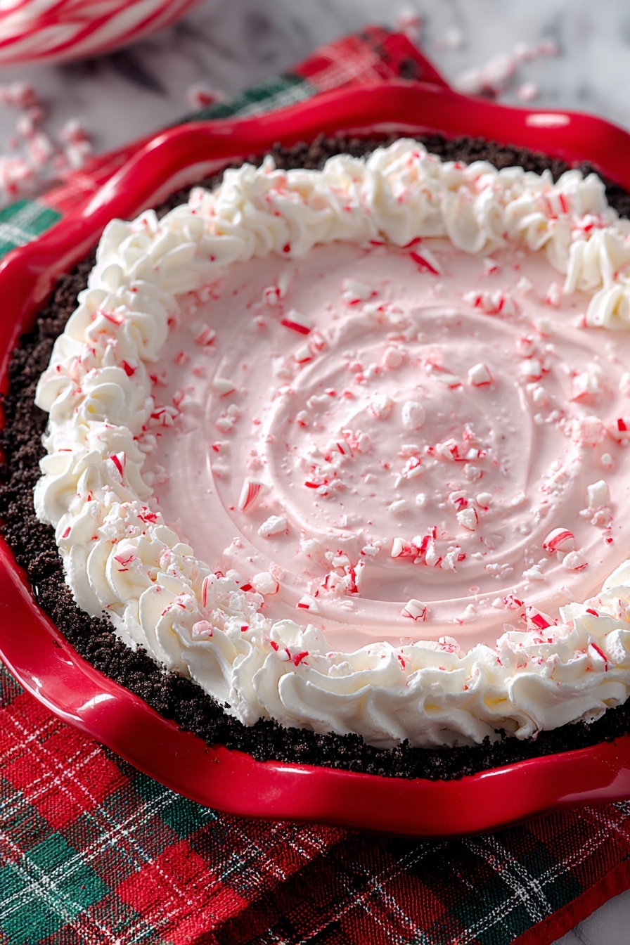 This dessert is a three-layer pie in a red dish. The bottom layer is dark and crumbly, like crushed cookies pressed into the dish to form a thick crust along the edges. The middle layer is smooth and creamy, light pink in color, spread evenly with a slight swirl pattern on top. Around the edge, there is a thick ring of white whipped cream, piped in small swirls. The entire pie is sprinkled with small red and white crushed peppermint pieces on the cream and pink layer. The pie is set on a bright red and green plaid cloth over a white marbled surface. photo taken with an iphone --ar 2:3 --v 7