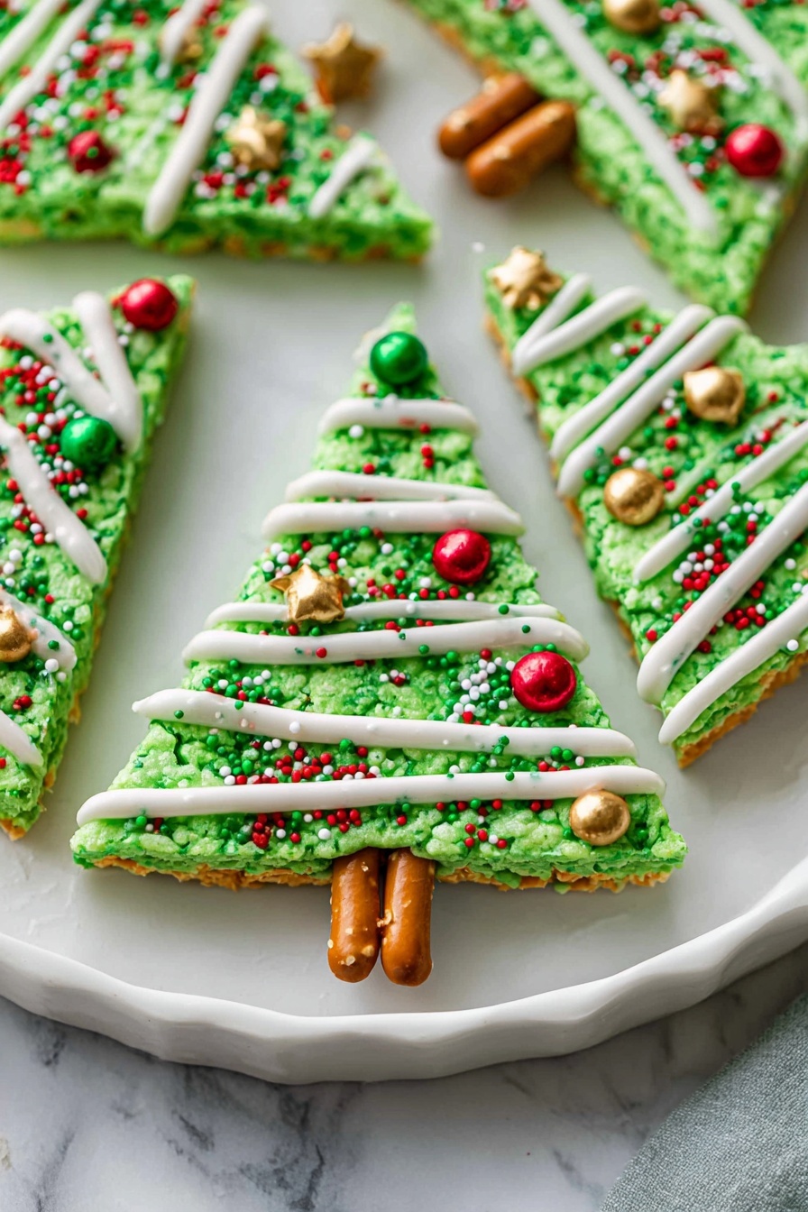 The image shows several triangular-shaped treats designed to look like Christmas trees. Each tree has a bright green base with a textured, crispy look. White drizzle runs diagonally across each tree, resembling garlands. Colorful sprinkles in red, green, and gold, including small stars and round shapes, decorate the trees like ornaments. Each tree has a pretzel stick at the bottom that looks like a tree trunk. The treats are placed on a white plate with a slightly wavy edge, set on a white marbled surface. Photo taken with an iphone --ar 2:3 --v 7